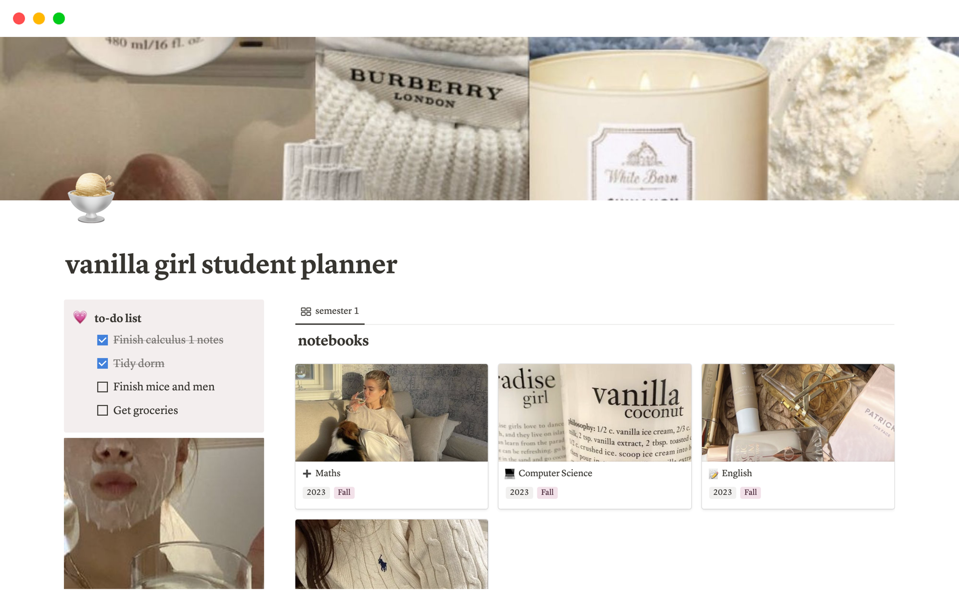 A template preview for vanilla girl student planner