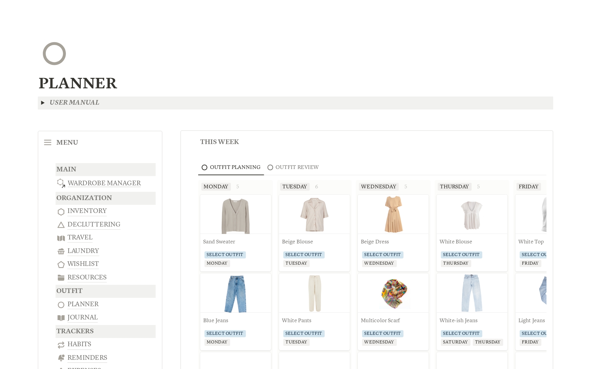 Streamline your wardrobe with our Wardrobe Manager. Easily categorize clothes, plan weekly outfits, and track style choices. Smart decluttering and spending tracking included. Manage laundry and travel outfits all in one place!