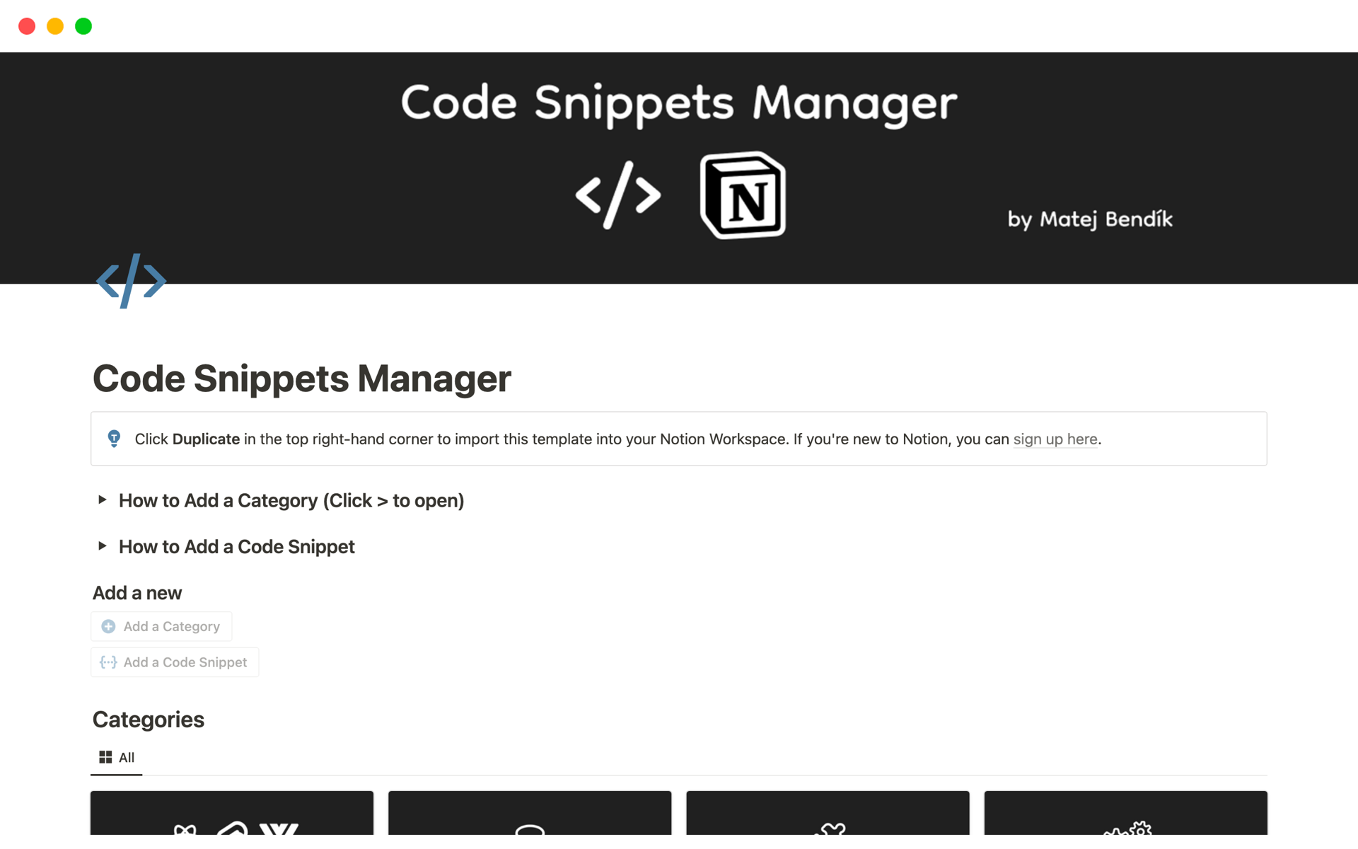 A template preview for Code Snippets Manager