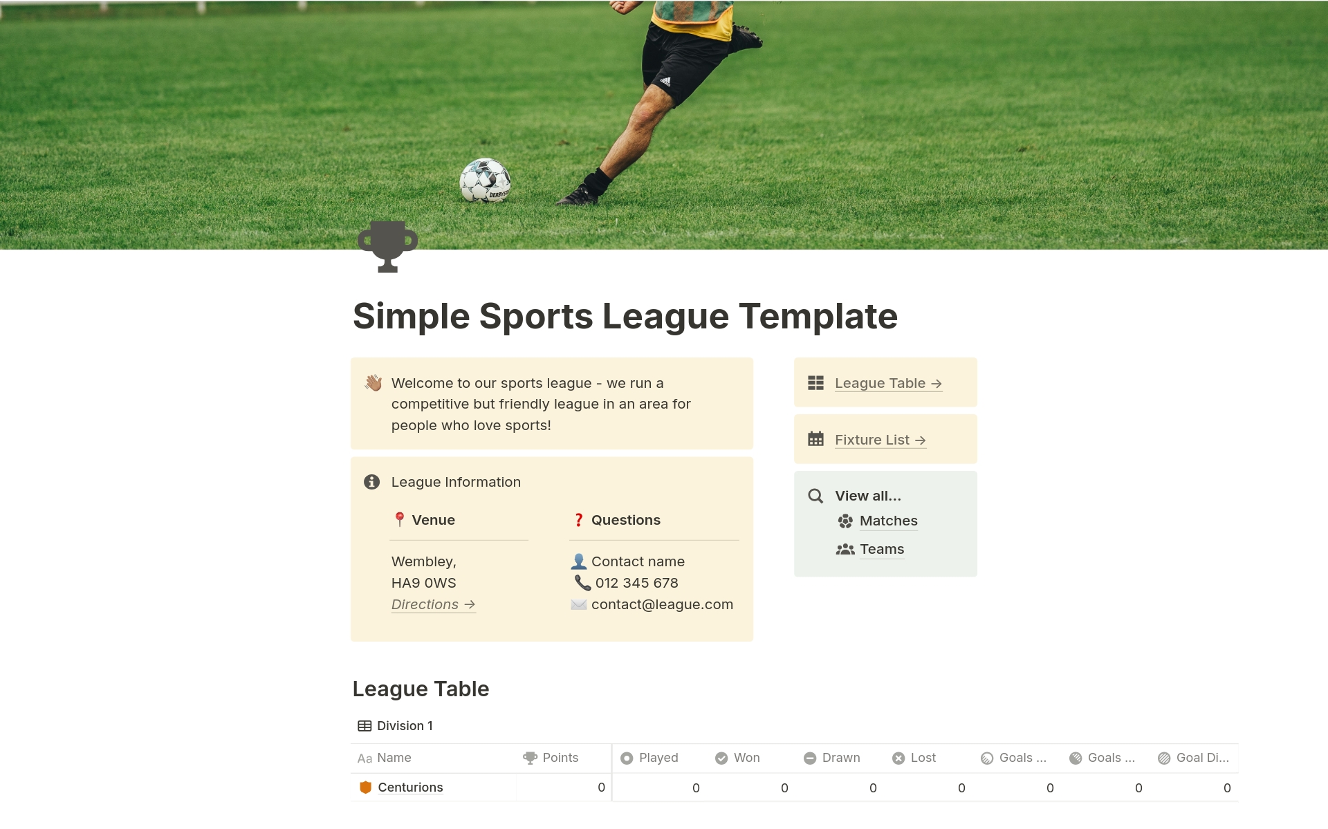 A template preview for Simple Sports League