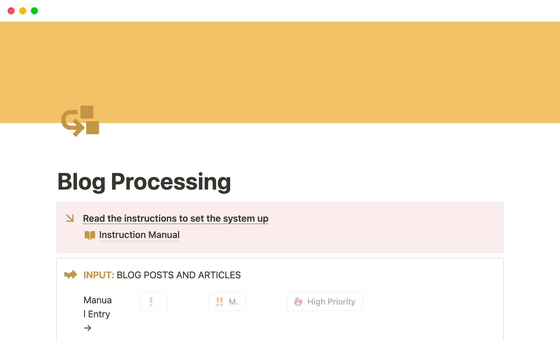En forhåndsvisning av mal for Blog Processing (w Notion AI)