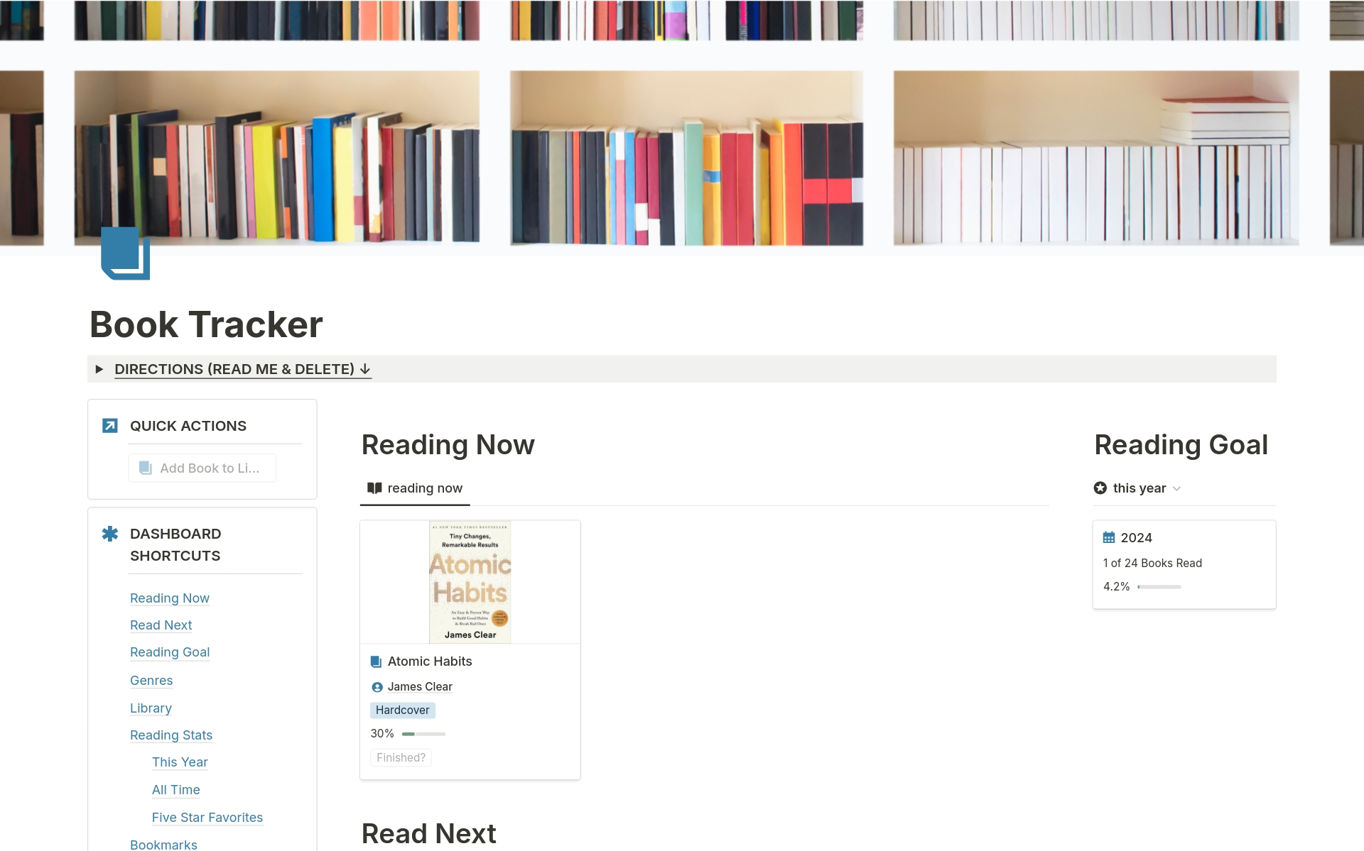 This template helps readers create a digital library of books, organize books by status, author, or genre, set reading goals and track reading progress, rate and review books, and create bookmarks, all in one place. 