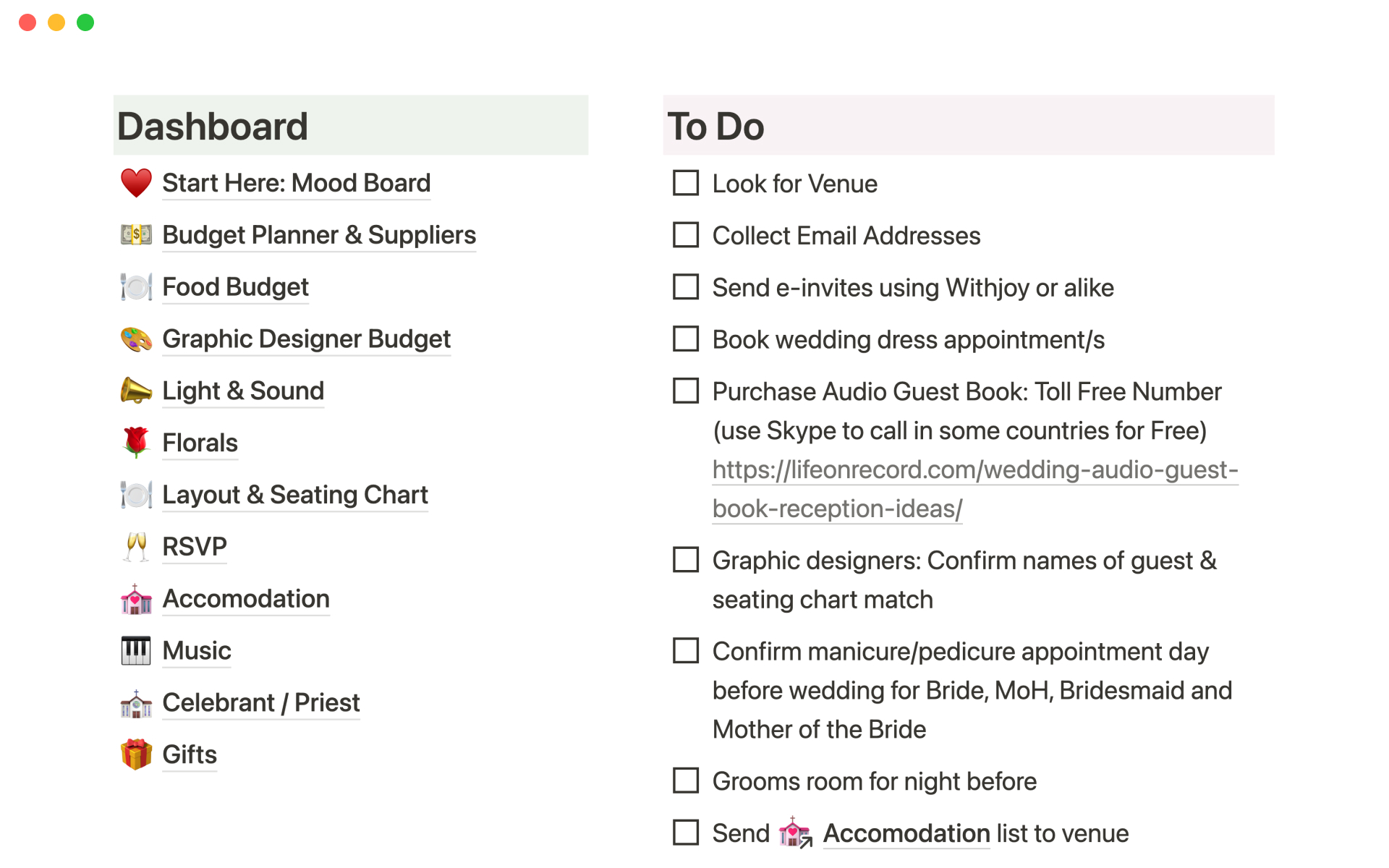 Simple, one page template to plan a wedding locally or overseas.