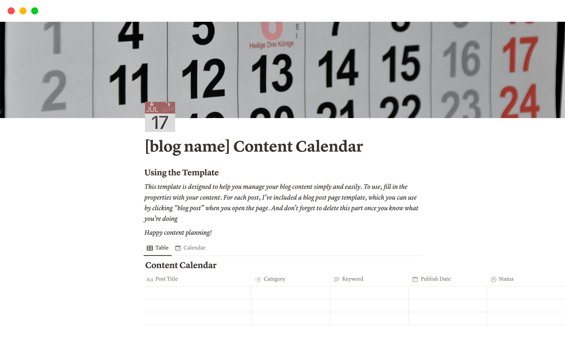 A template preview for Blog Content Calendar