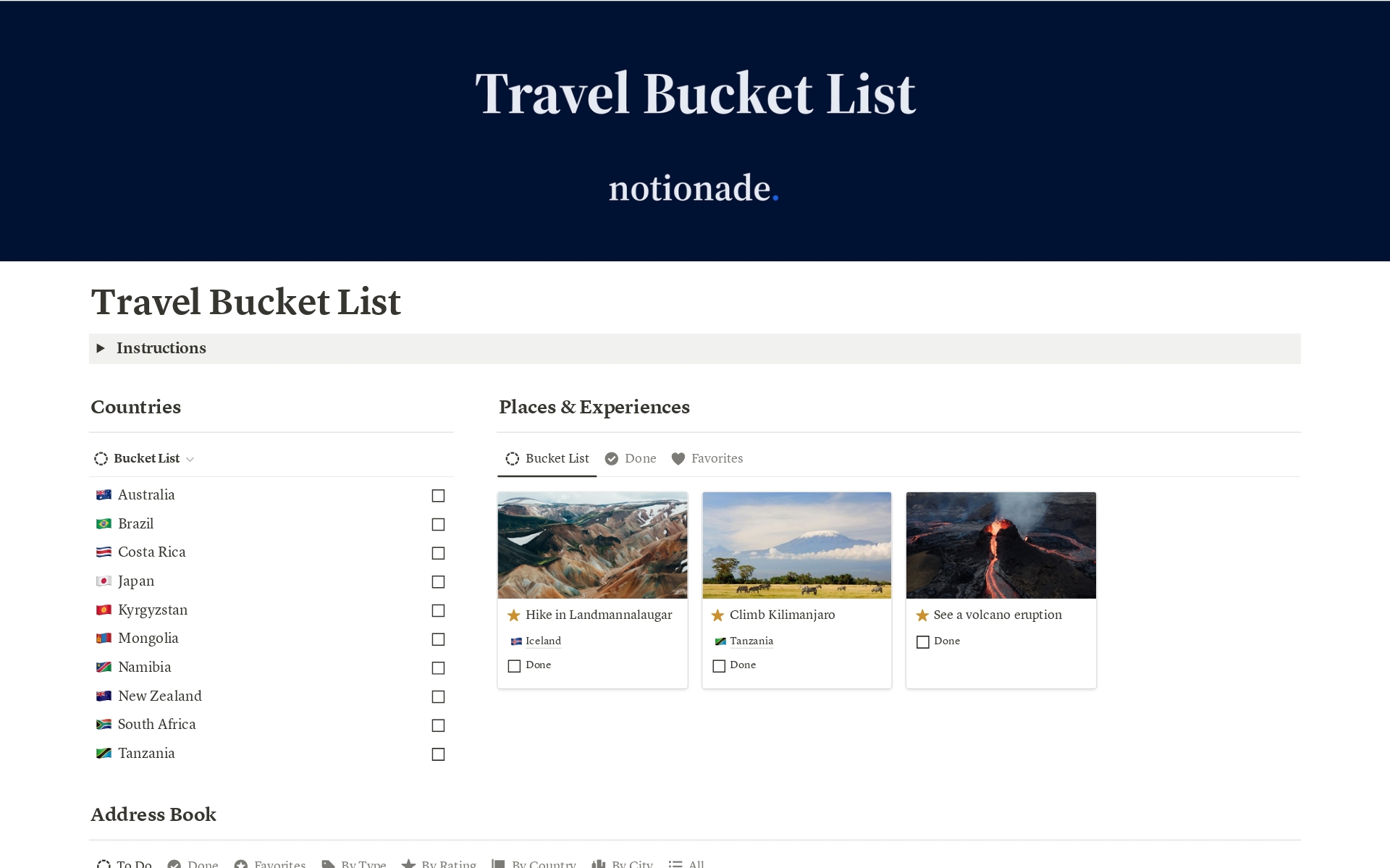Travel Bucket Listのテンプレートのプレビュー