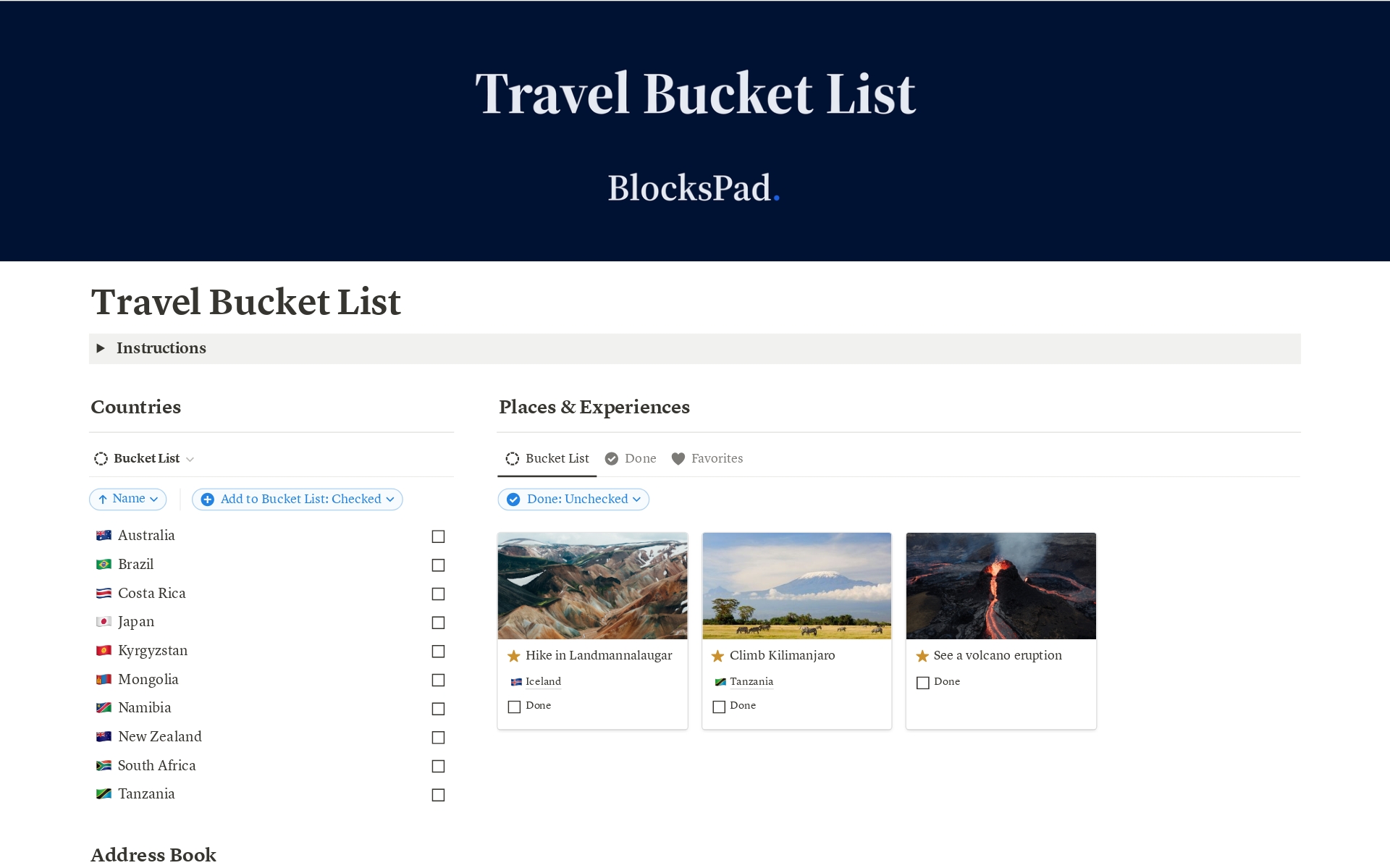 Uma prévia do modelo para Travel Bucket List