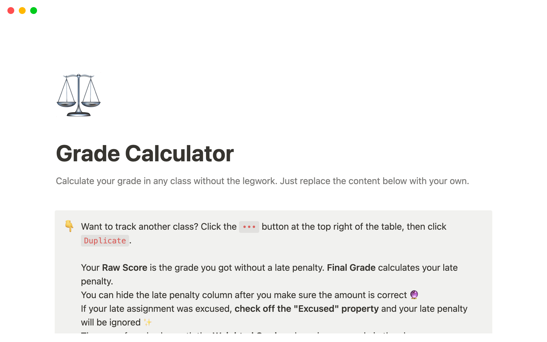 A template preview for Grade calculator