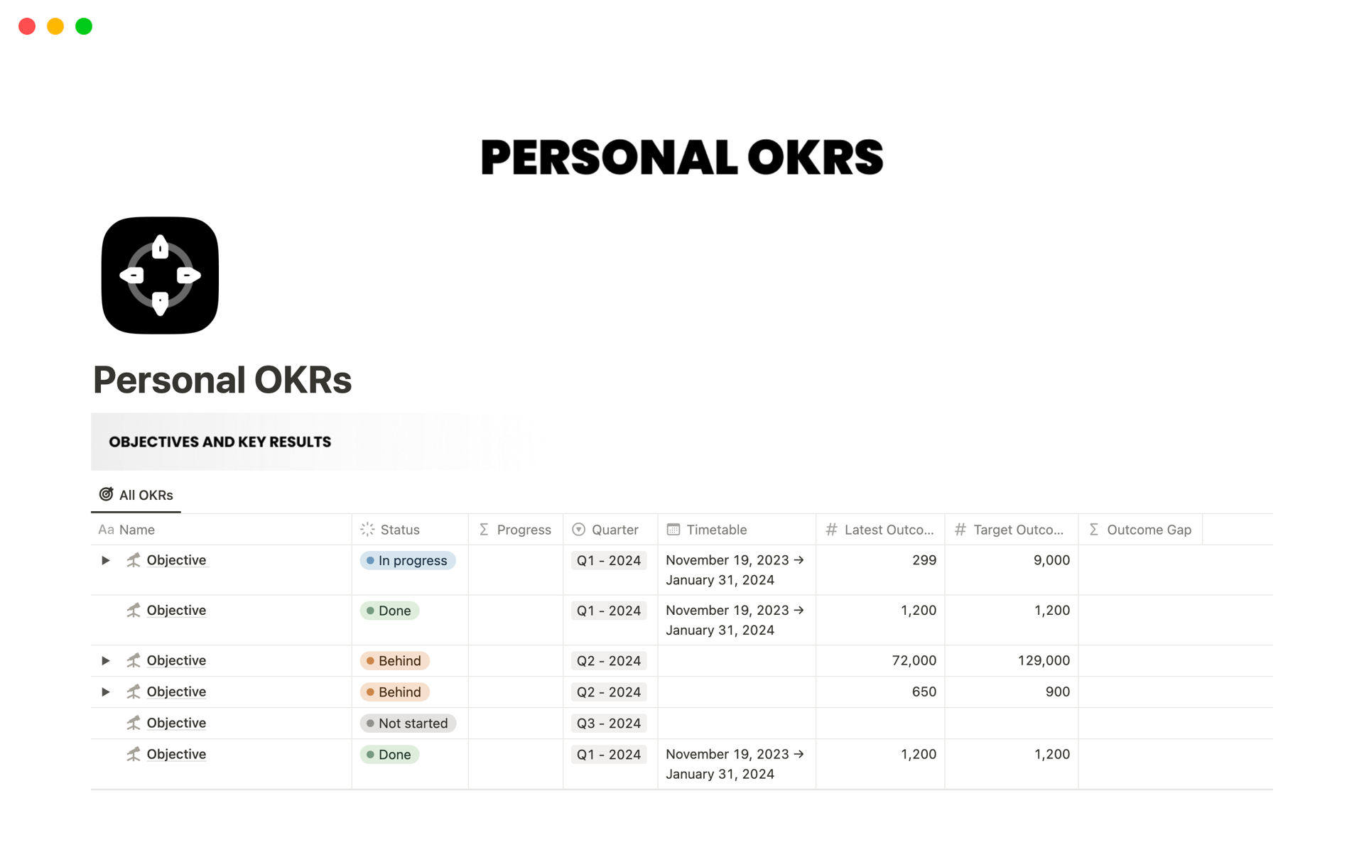 A template preview for Personal OKRs (Objectives and Key Results)