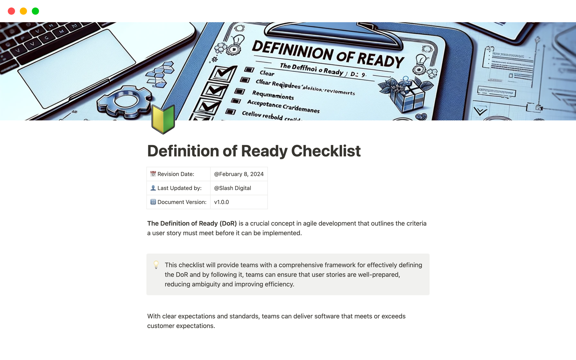 A template preview for Definition of Ready Checklist