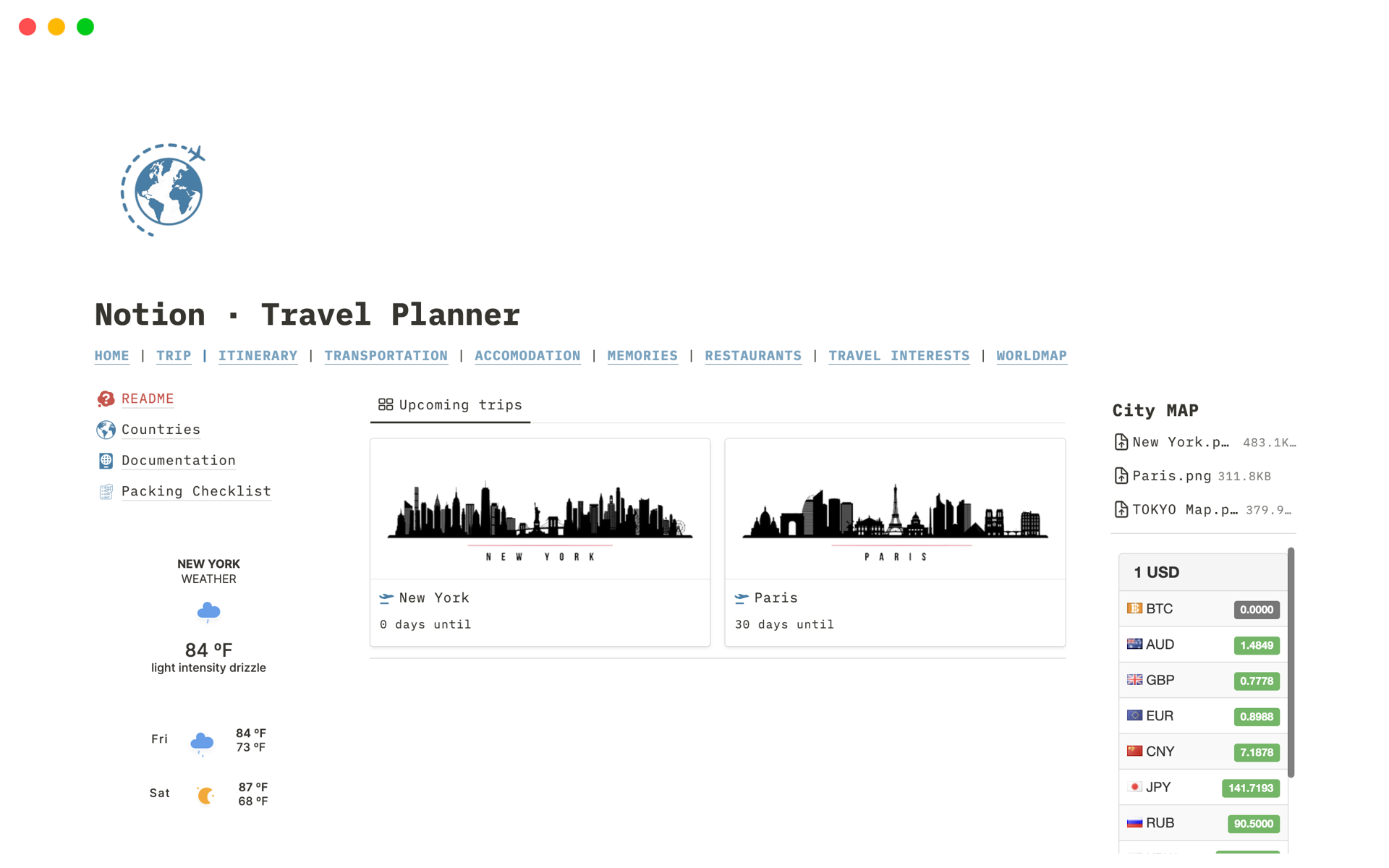 En förhandsgranskning av mallen för Notion · Travel Planner