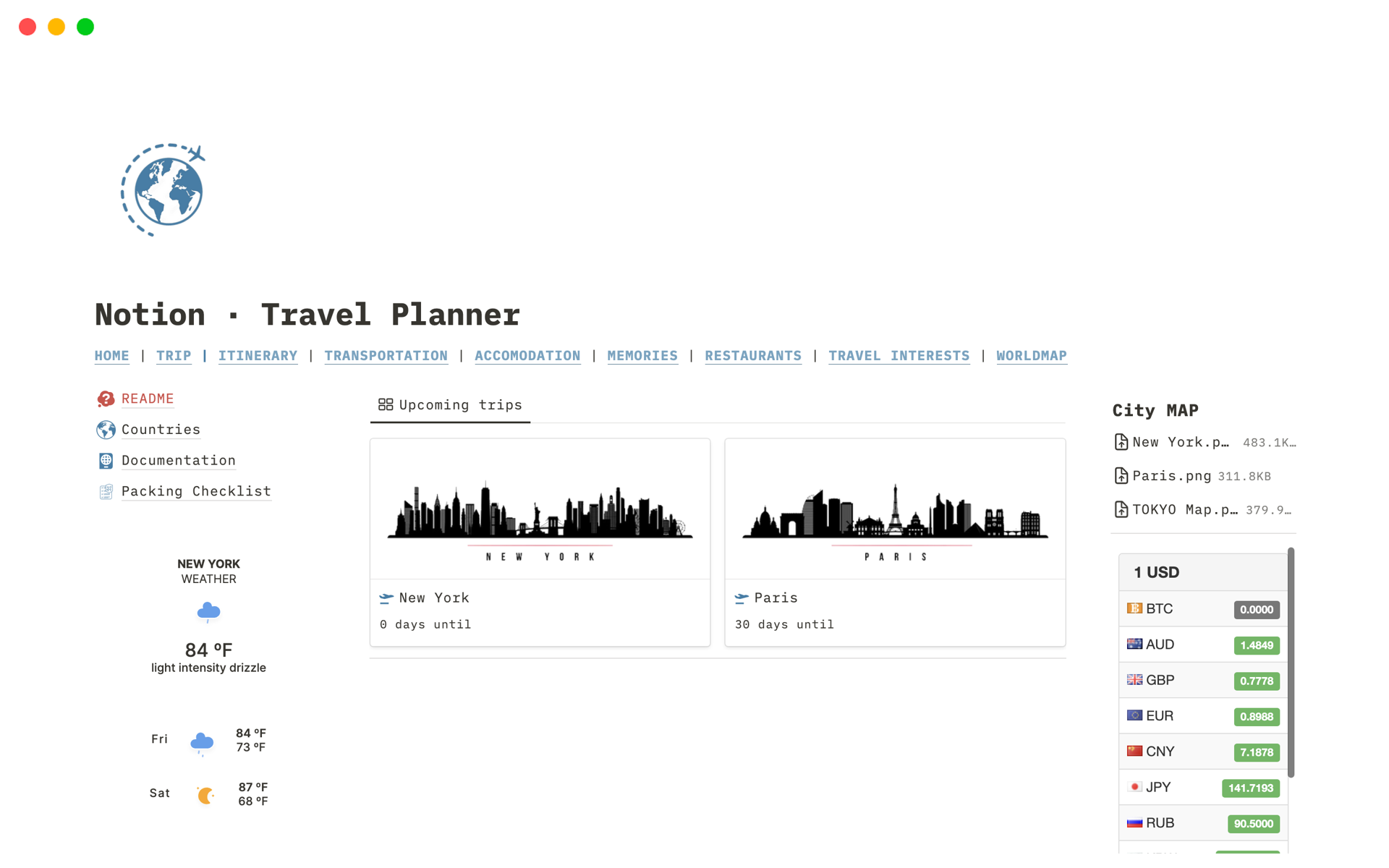 En forhåndsvisning av mal for Notion · Travel Planner