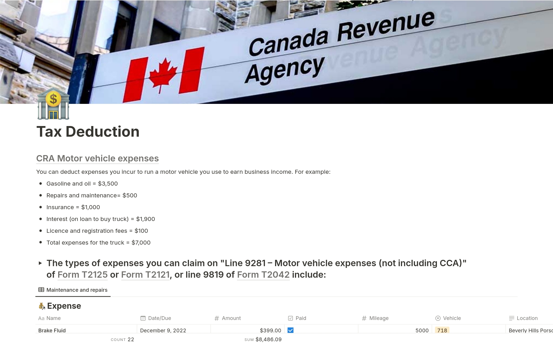 Car / Vehicle Buddy (Tax deduction calculation) Notion Template