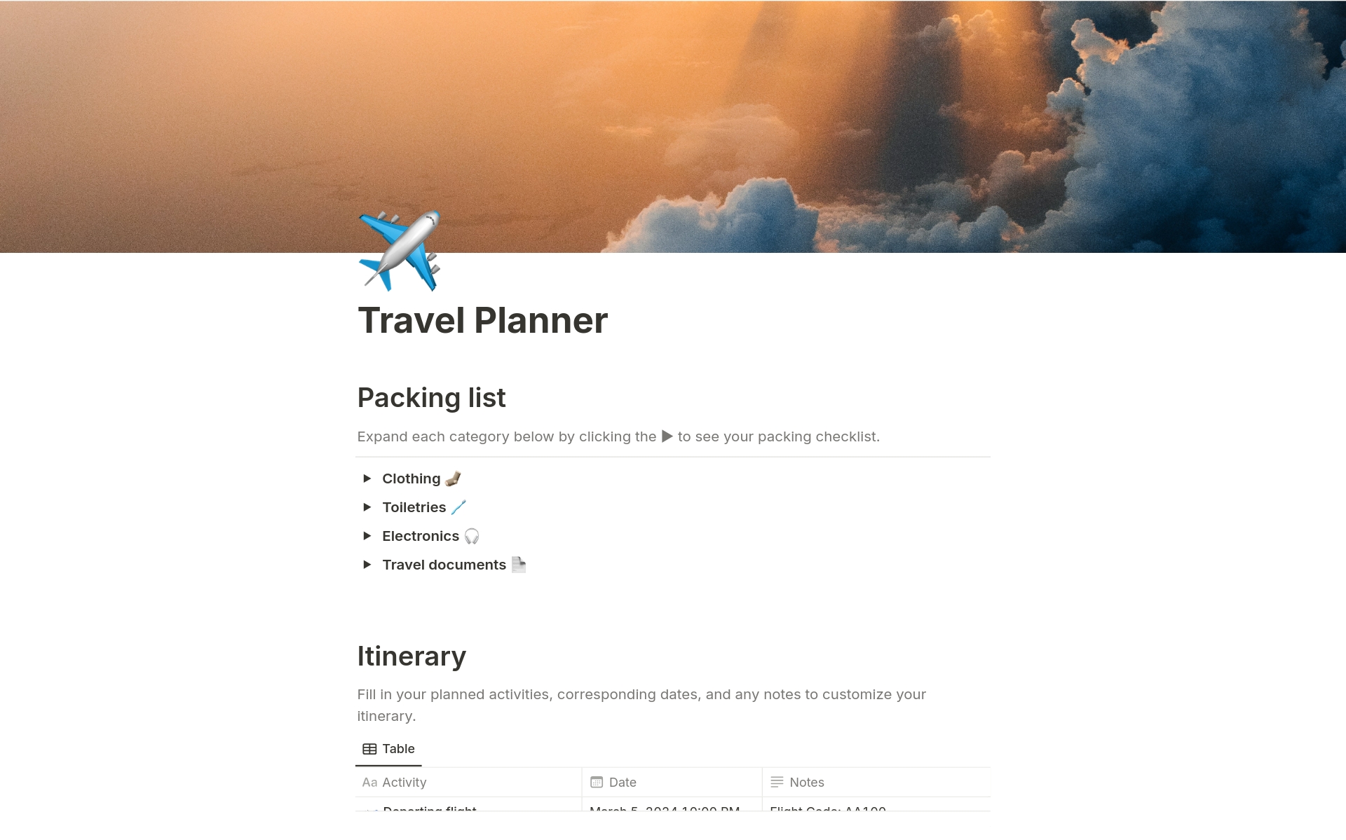 Vista previa de plantilla para Simple Trip Planner