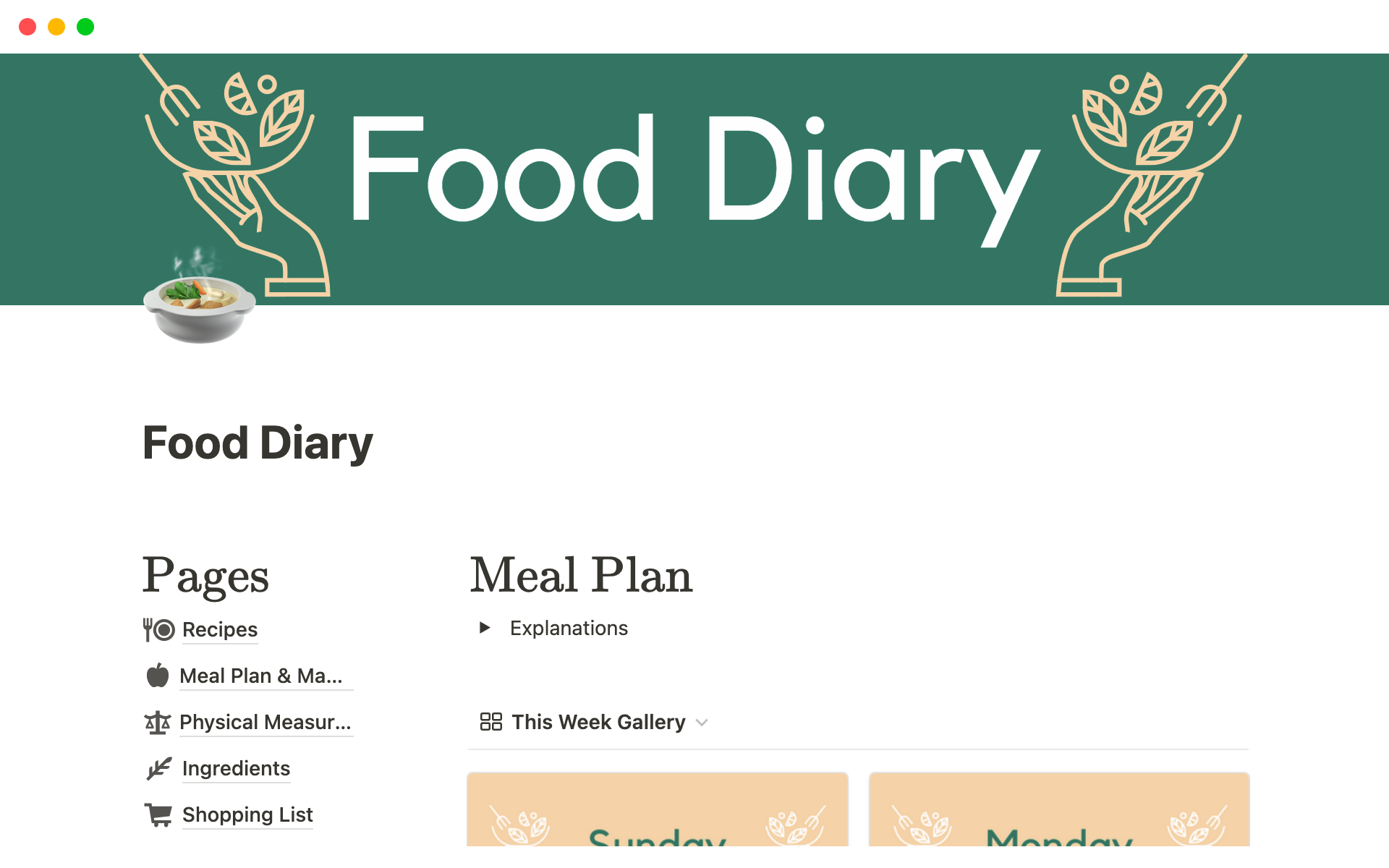 A template preview for The Notion Food Diary