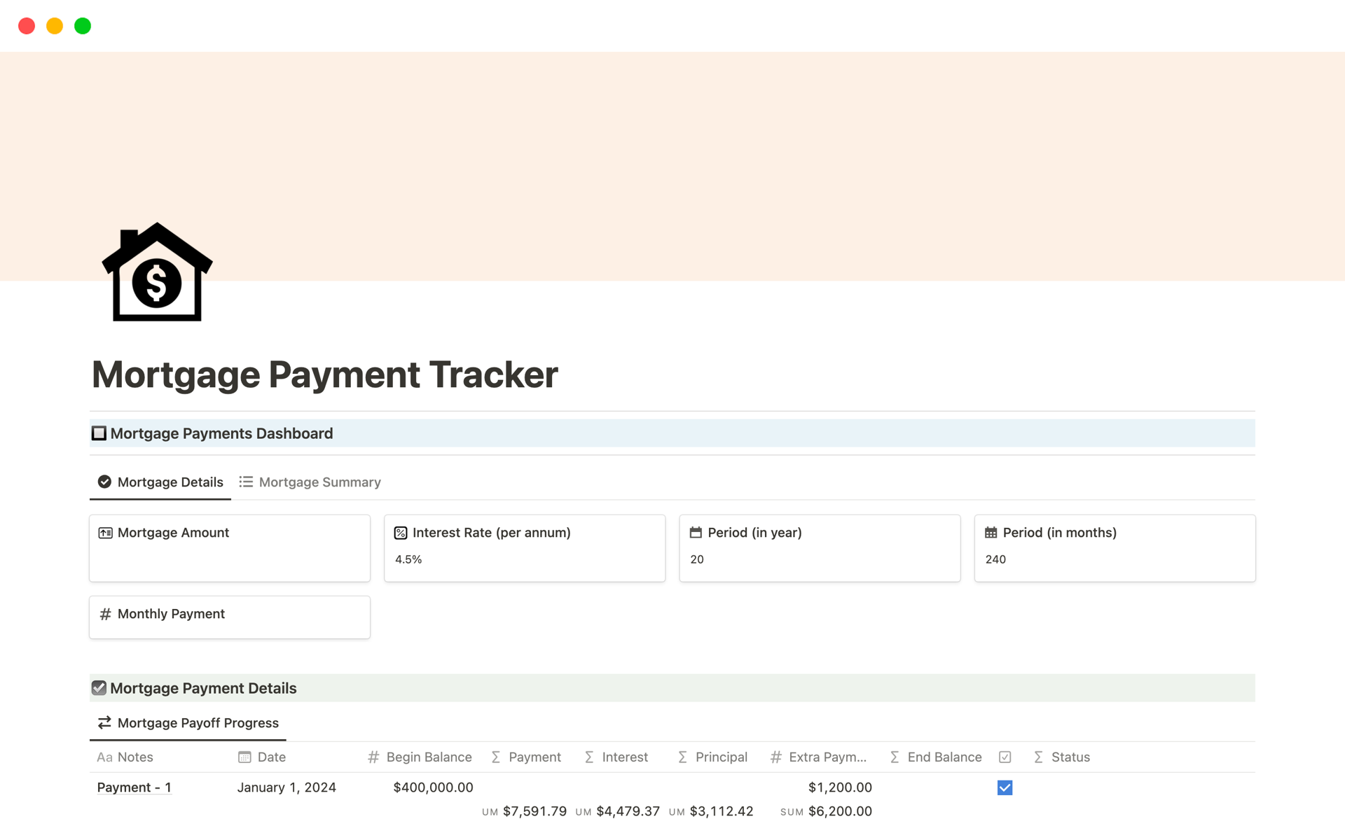 A template preview for Mortgage Payment Tracker