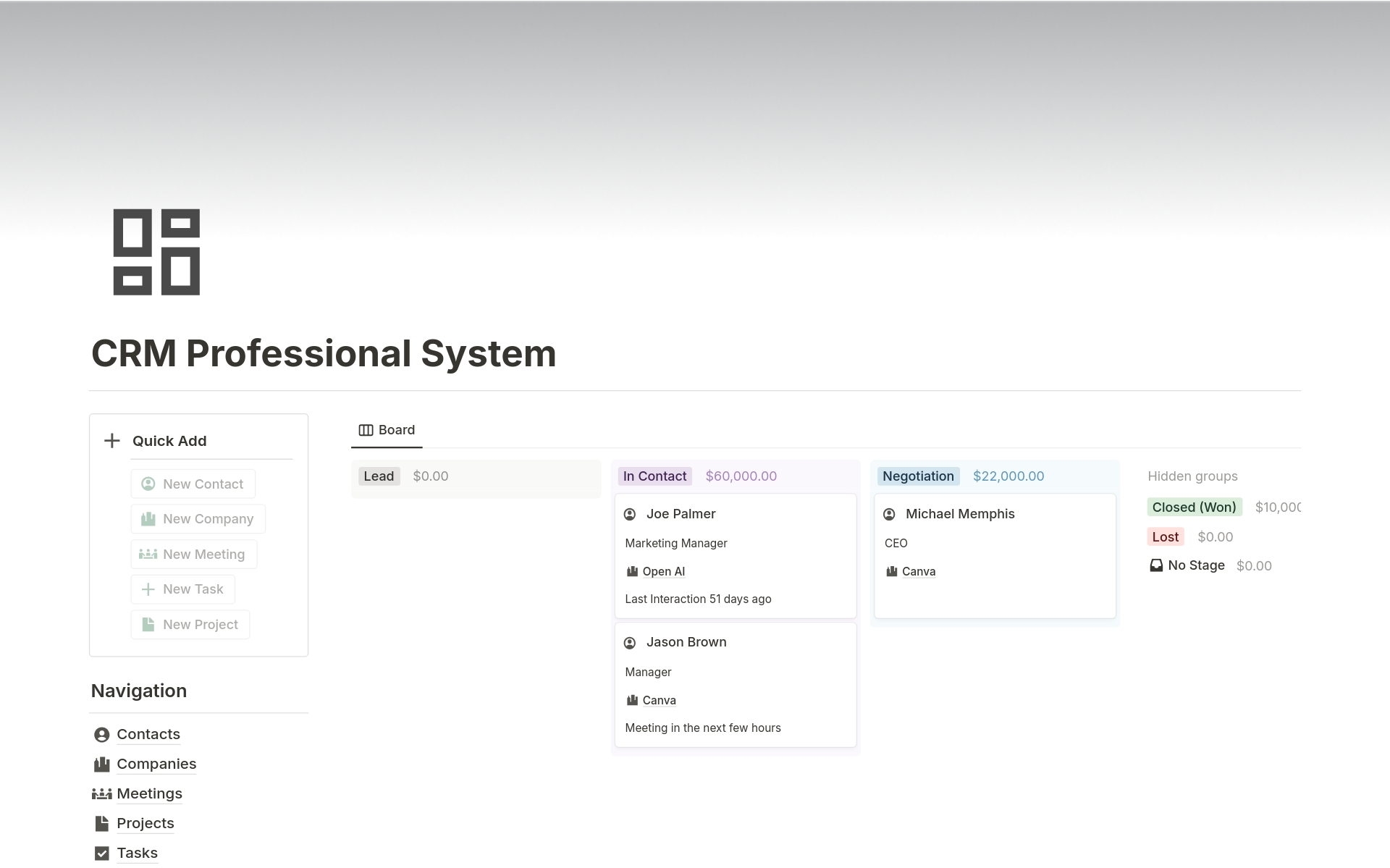 Vista previa de plantilla para CRM Professional System