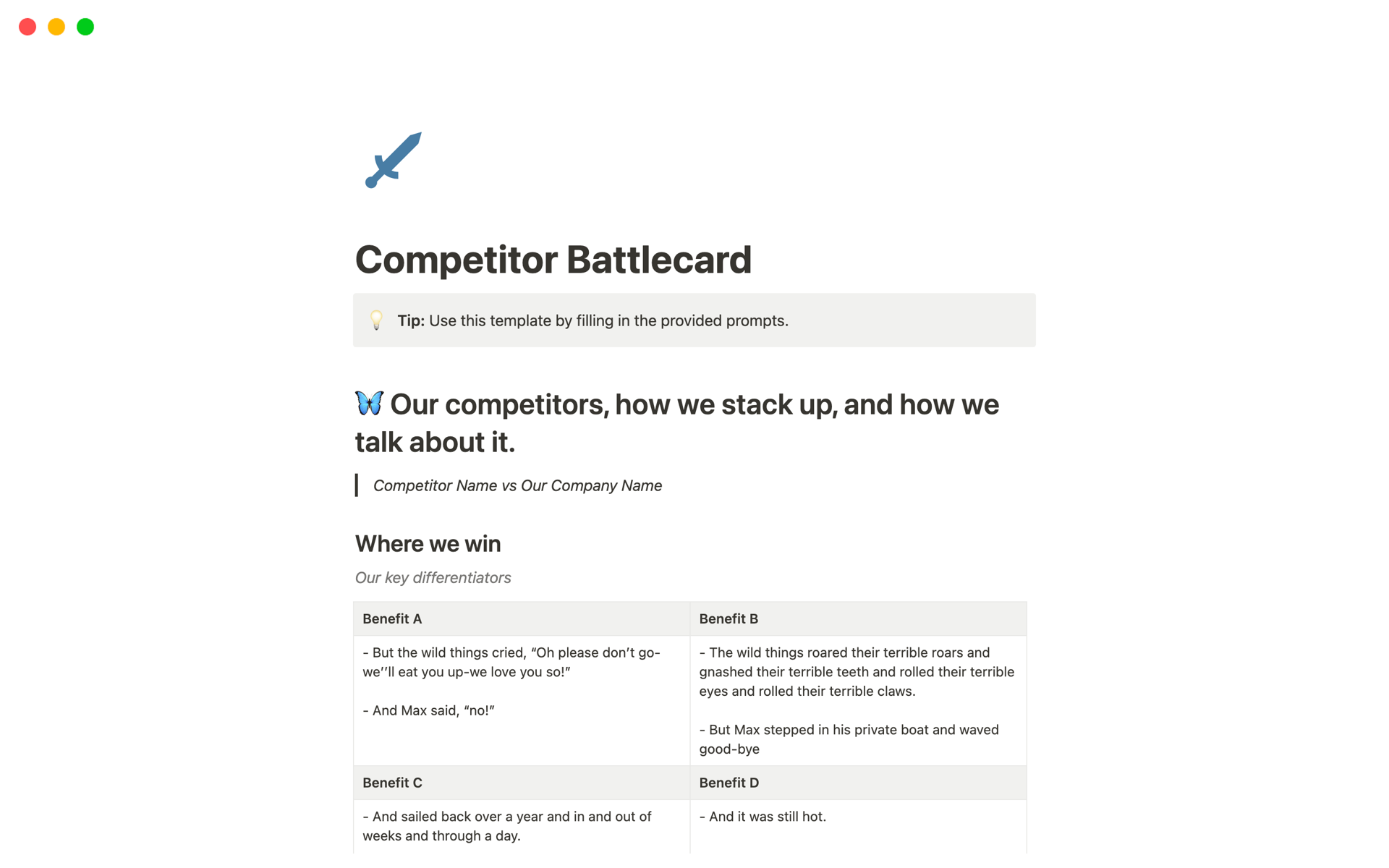 A template preview for Competitor Battlecards