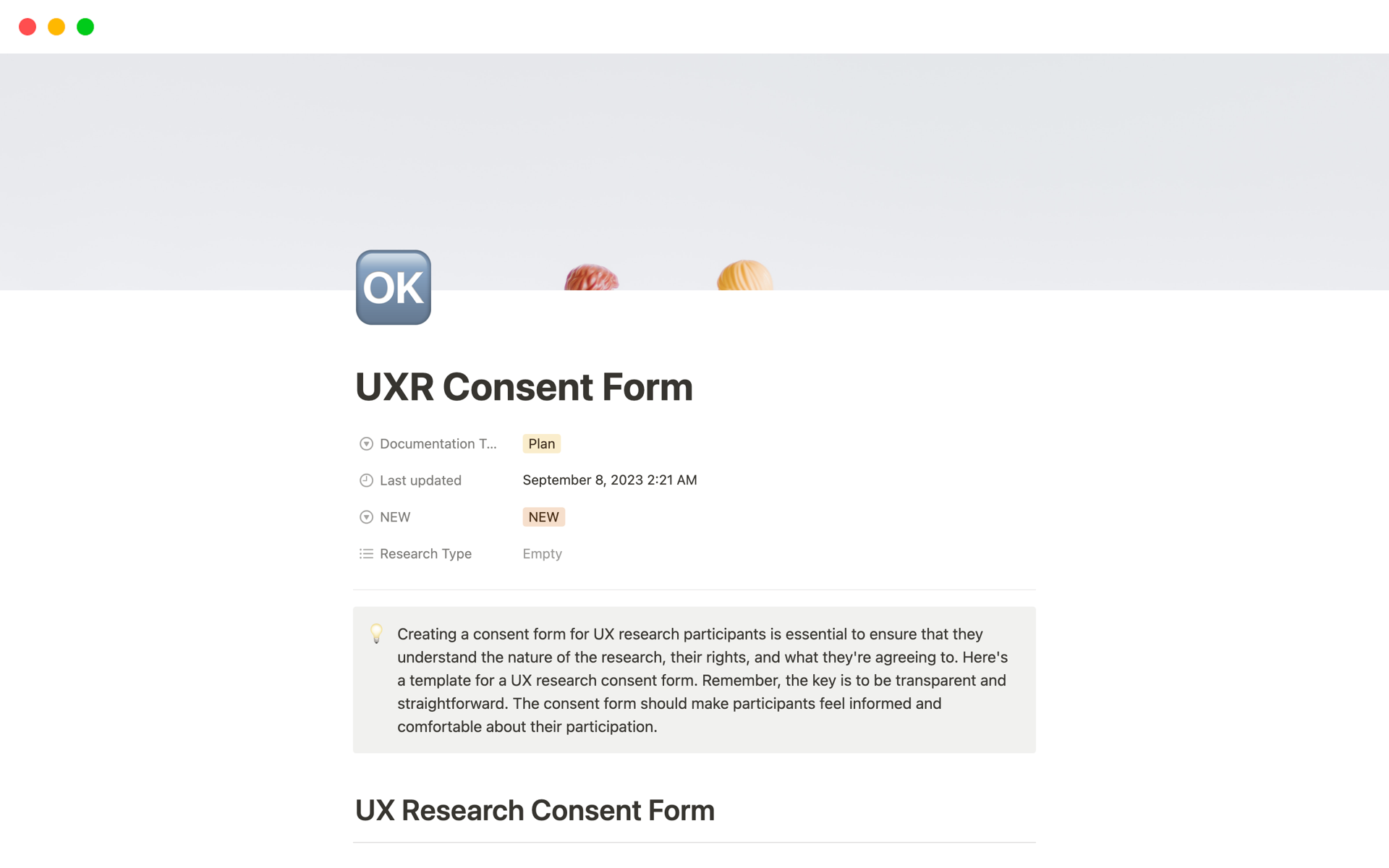 A template preview for UXR Consent Form