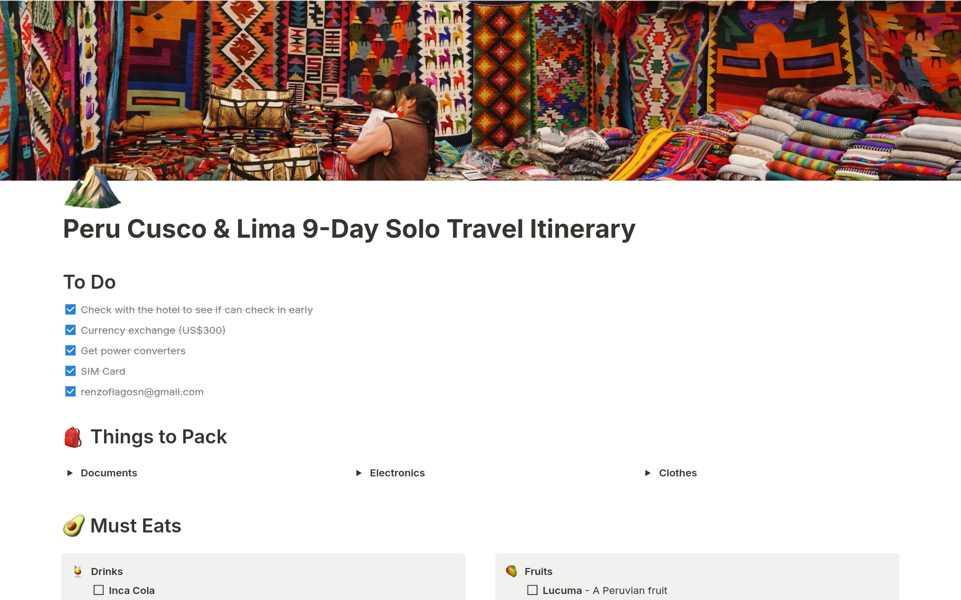 A template preview for Peru Cusco & Lima 9-Day Solo Travel Itinerary