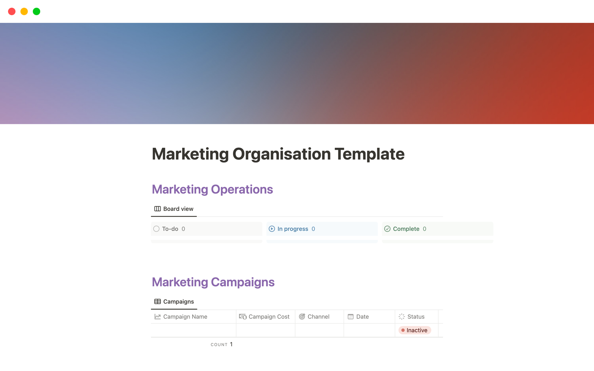 Simple Notion Page for marketers to easily organise their businesses marketing resources.