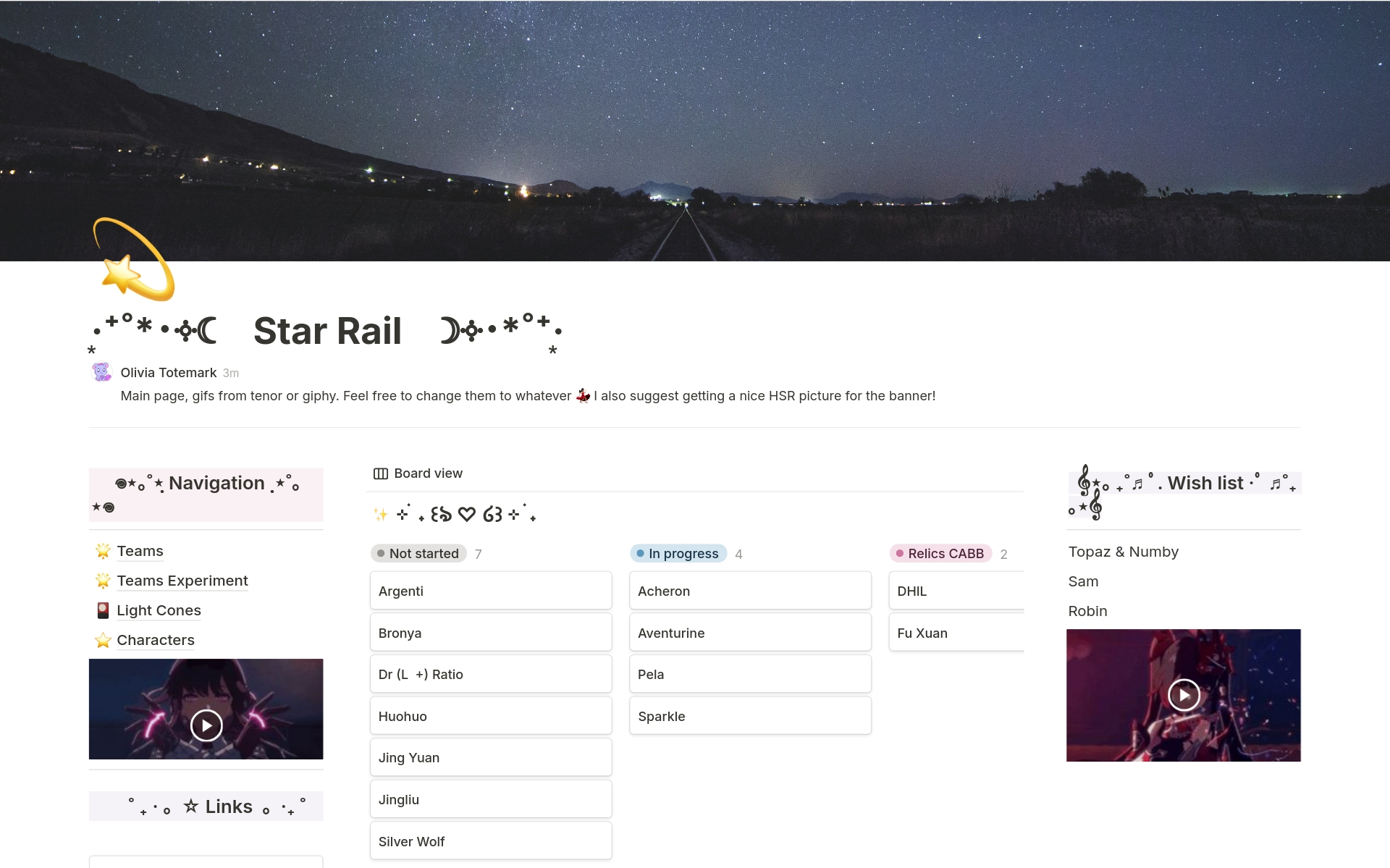Uma prévia do modelo para Honkai Star Rail - Team Planner