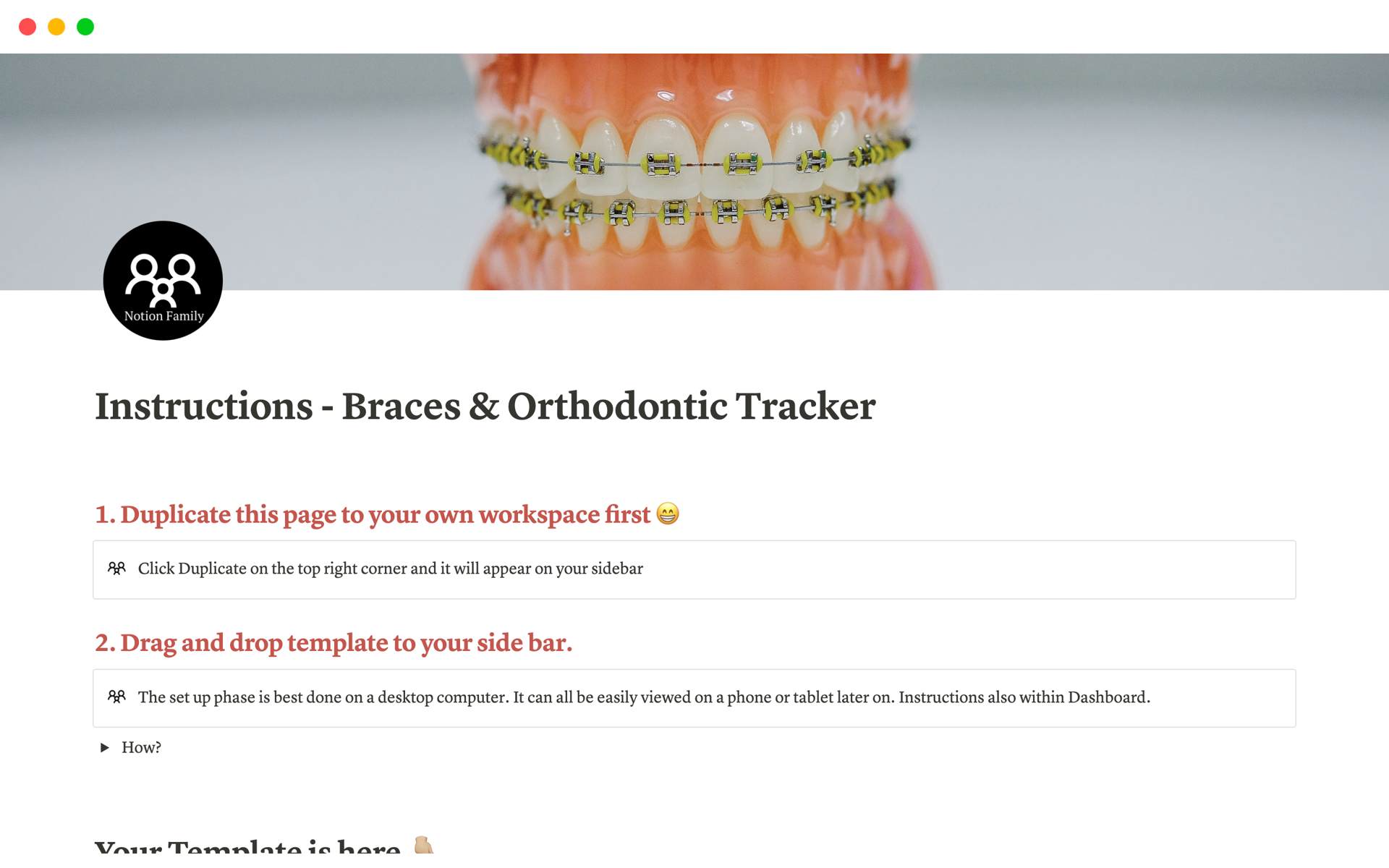 A template preview for Braces & Orthodontic Tracker
