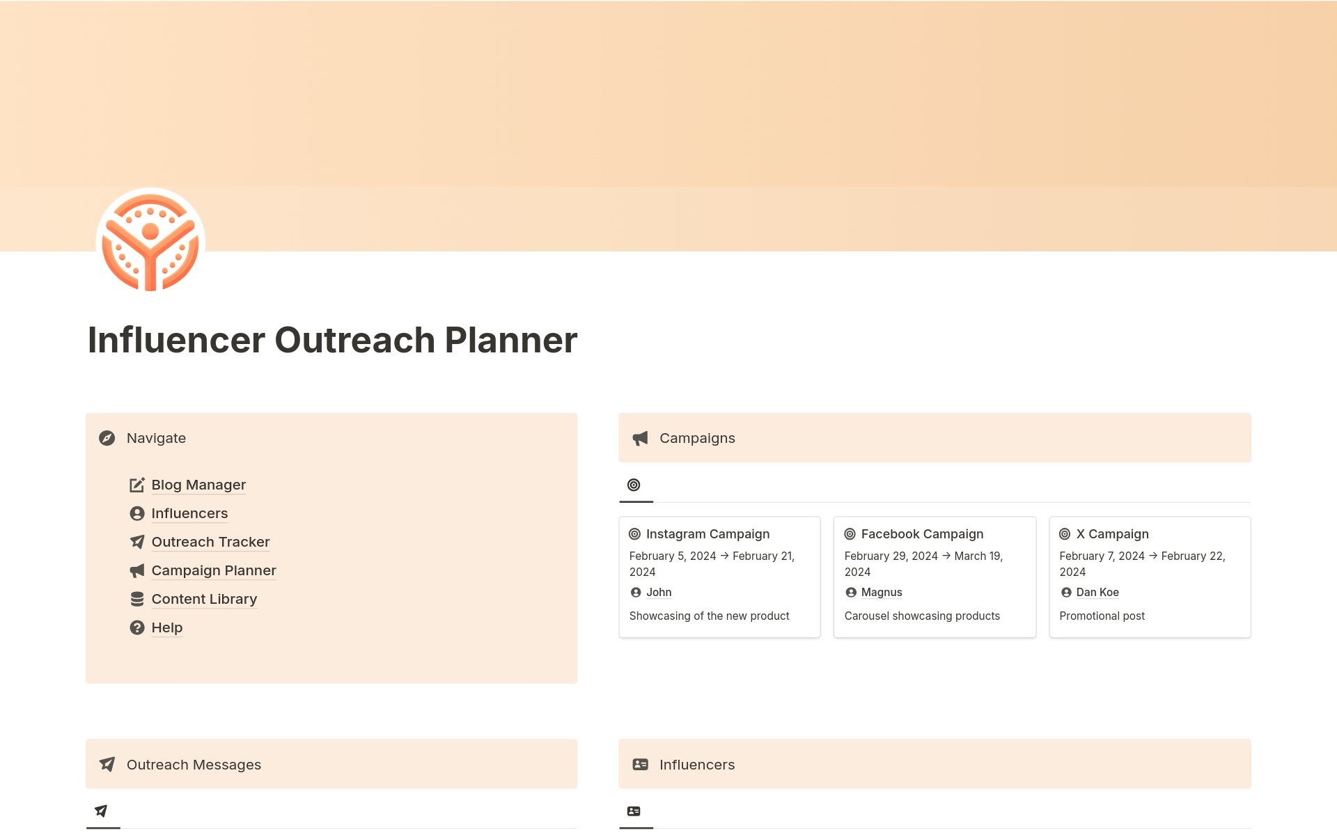 A template preview for Influencer Outreach Planner