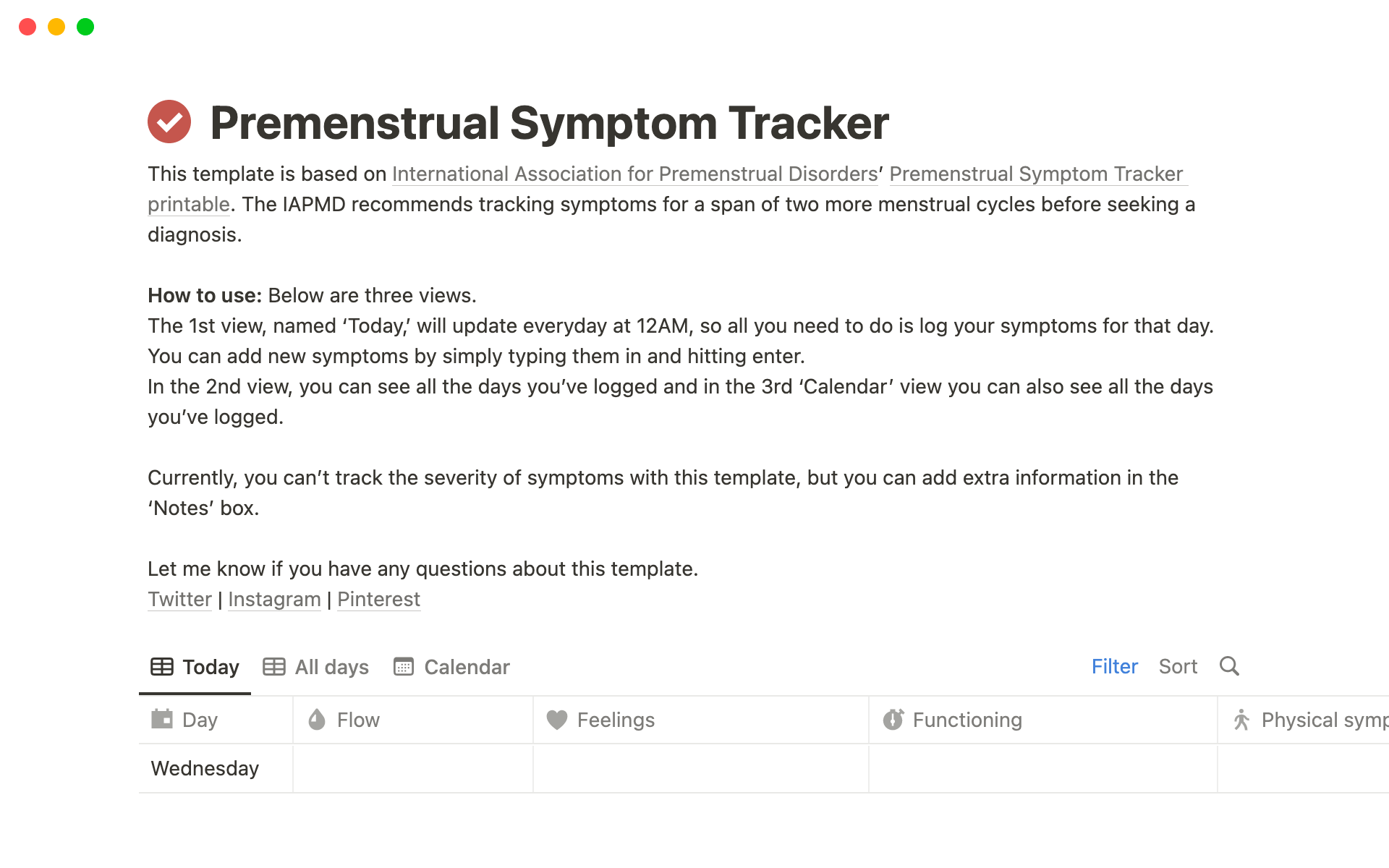 Eine Vorlagenvorschau für Premenstrual Symptom Tracker