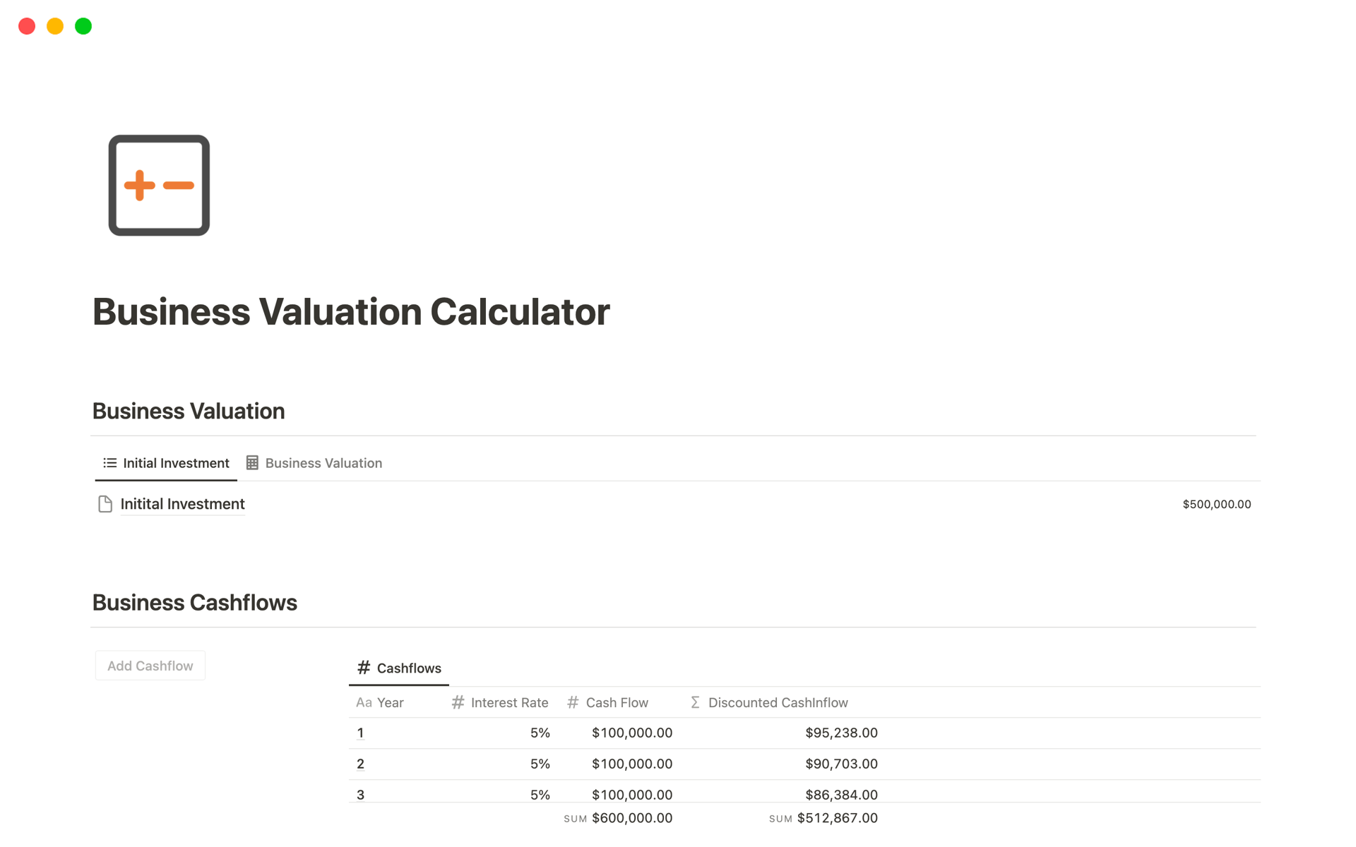 Business Valuation Calculator Notion Template