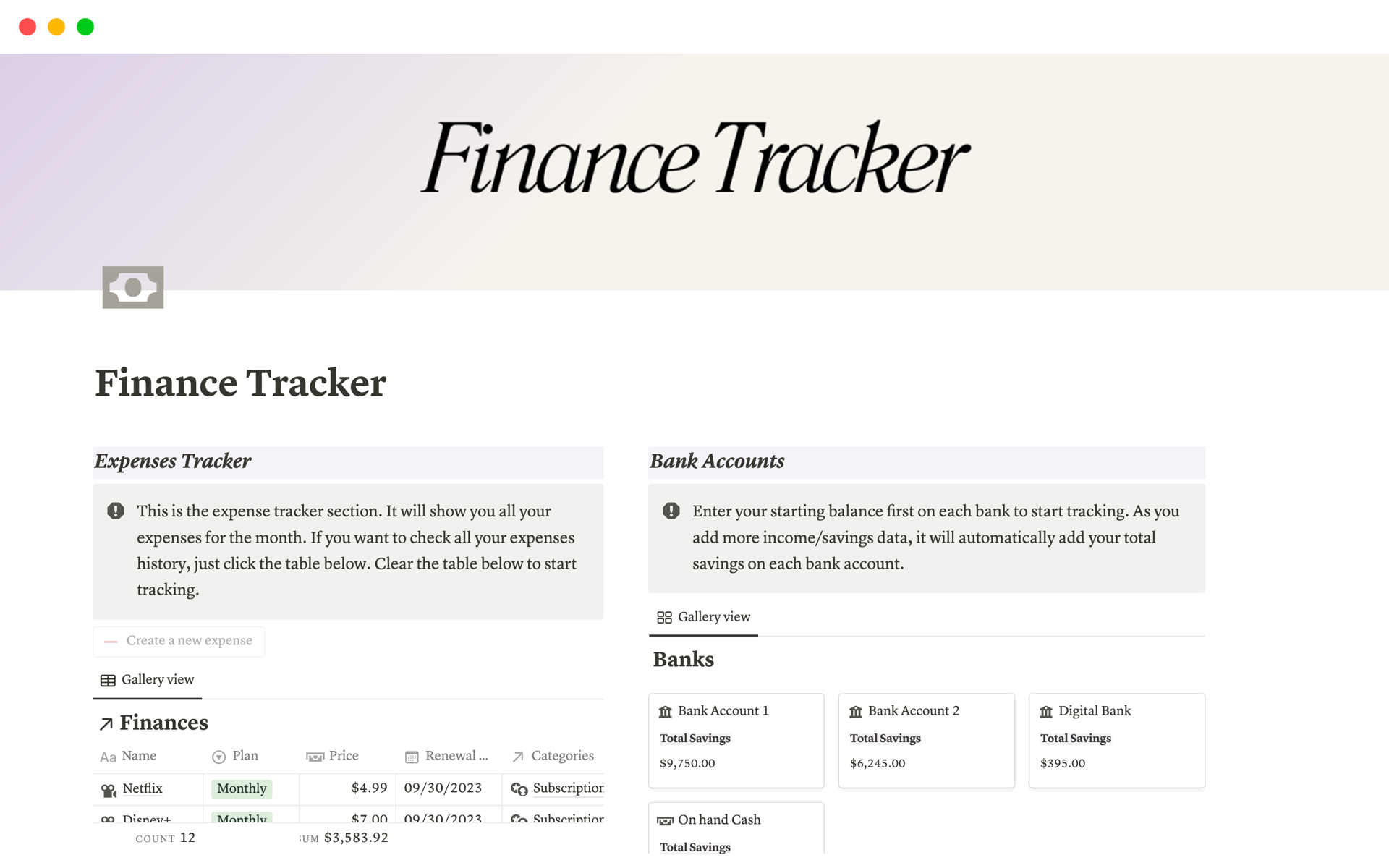 A template preview for Finance Tracker