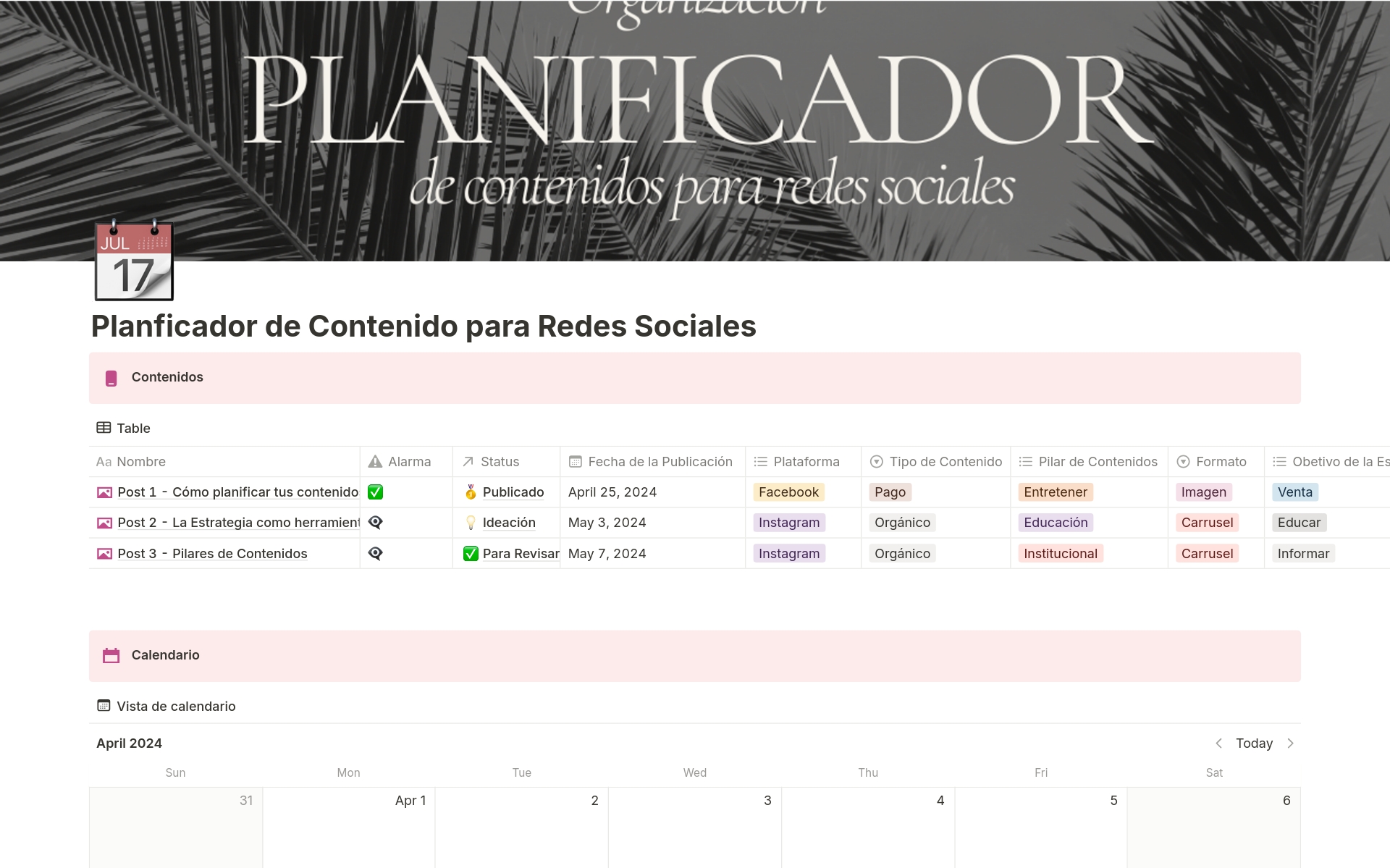 Vista previa de una plantilla para Calendario de Contenido para Redes Sociales
