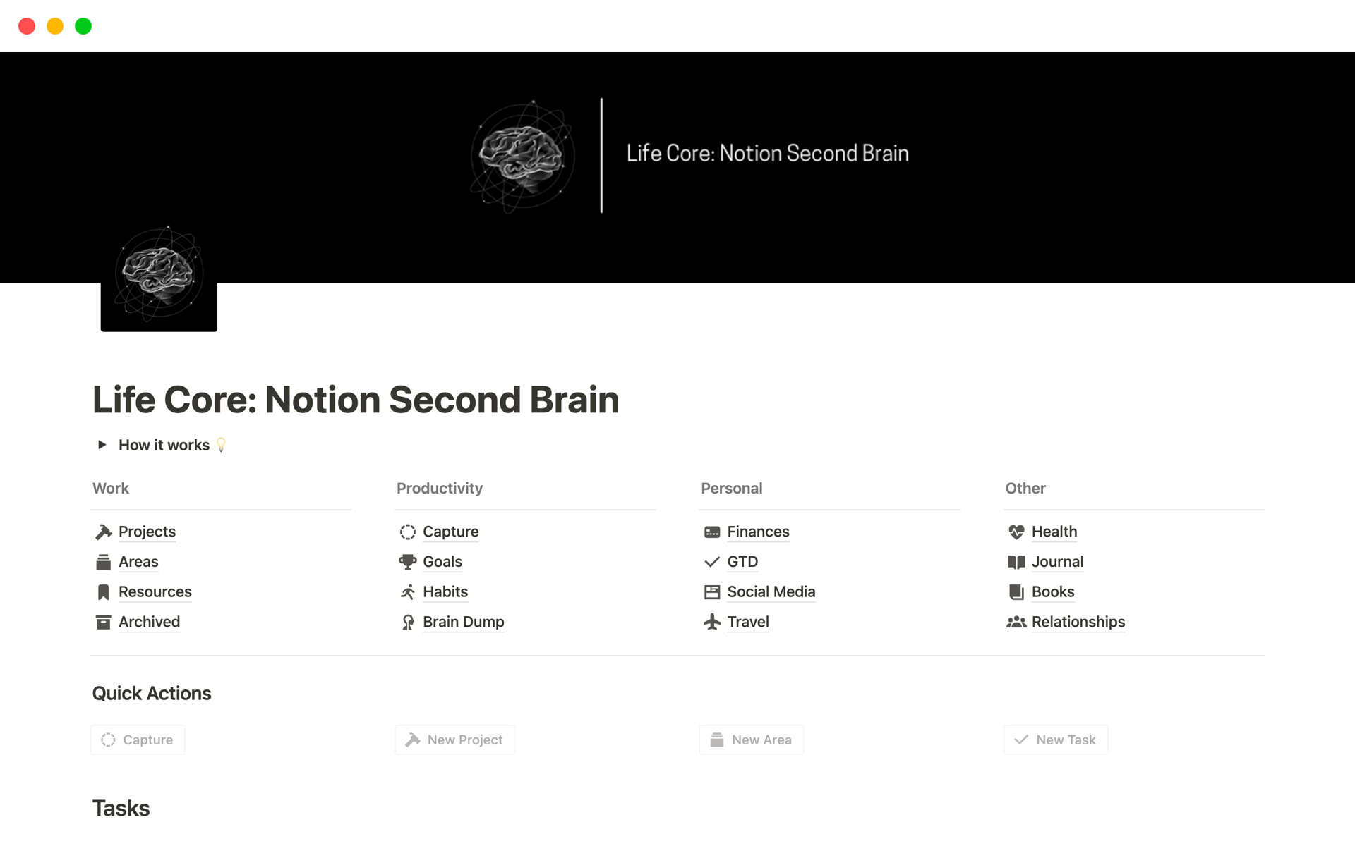 Vista previa de una plantilla para Life Core: Second Brain