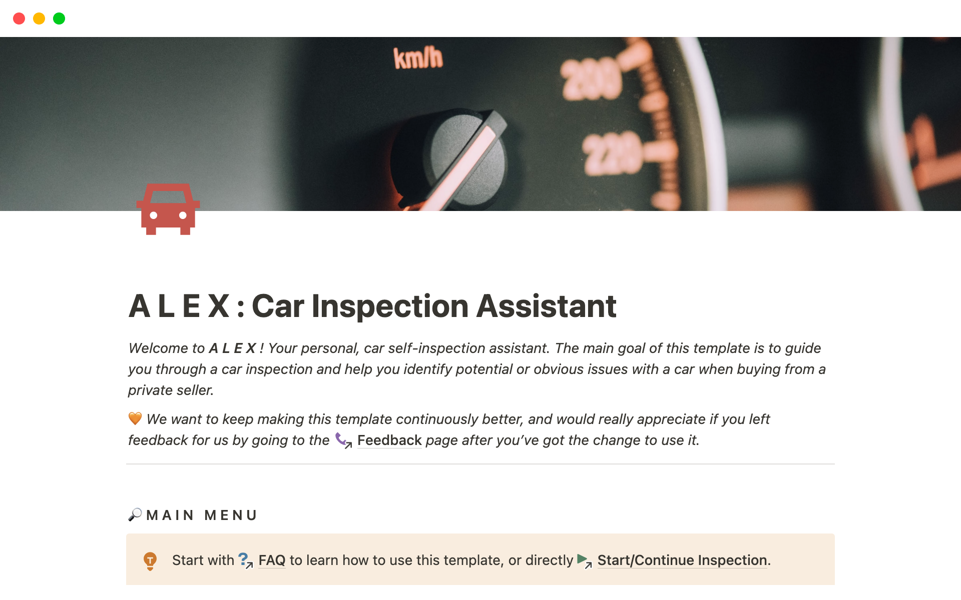 A template preview for A L E X : Car Inspection Assistant