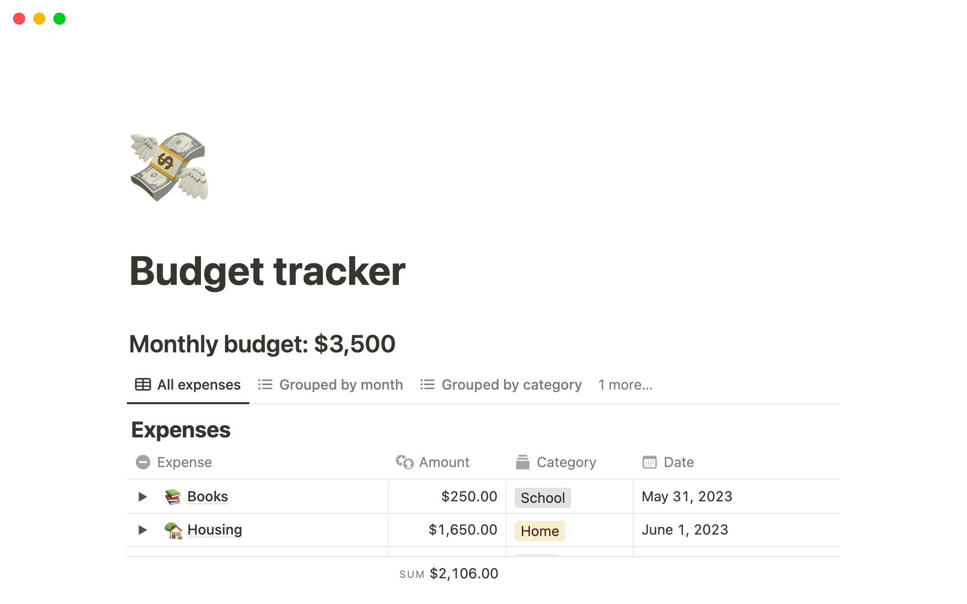 Uma prévia do modelo para Budget tracker