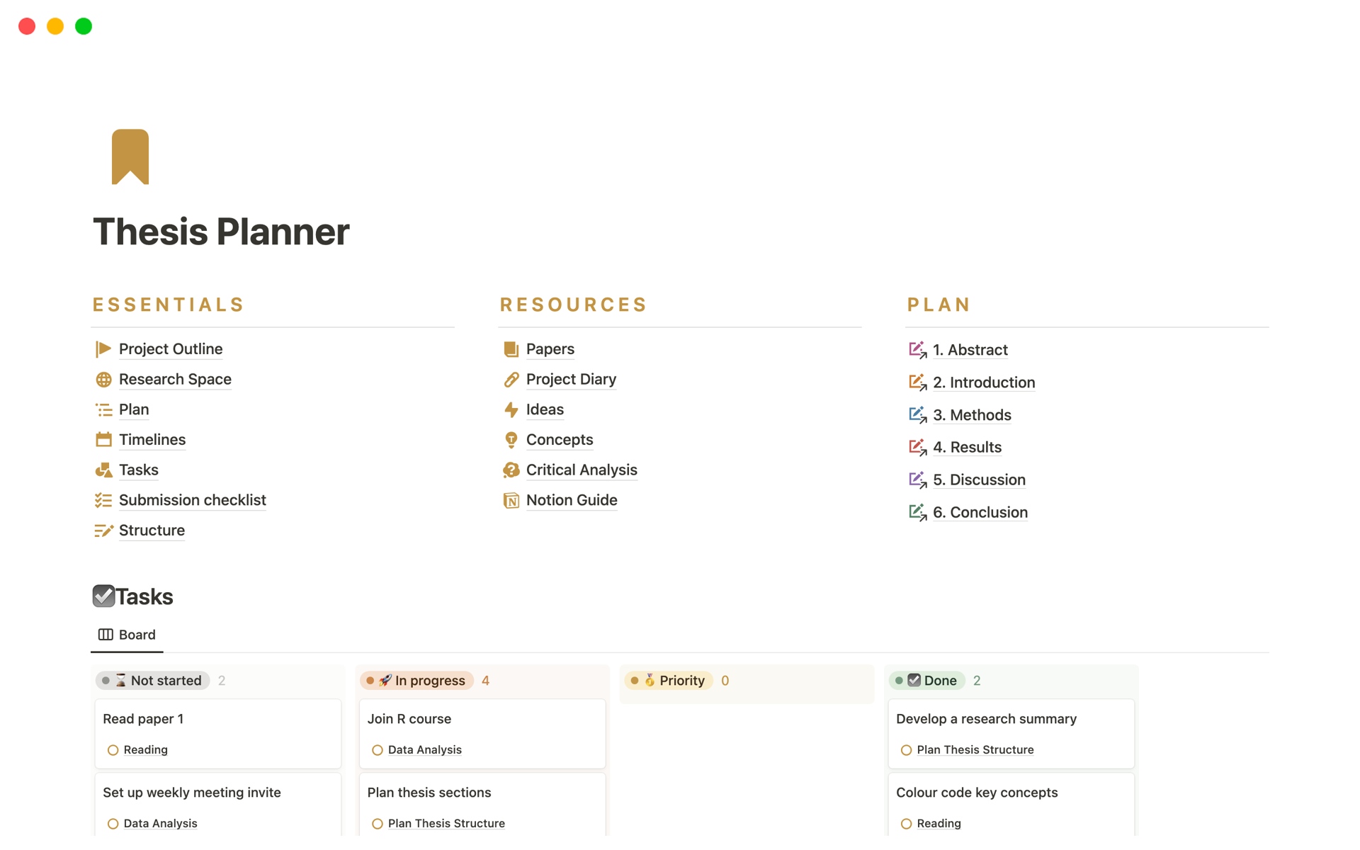 A template preview for Thesis Planner