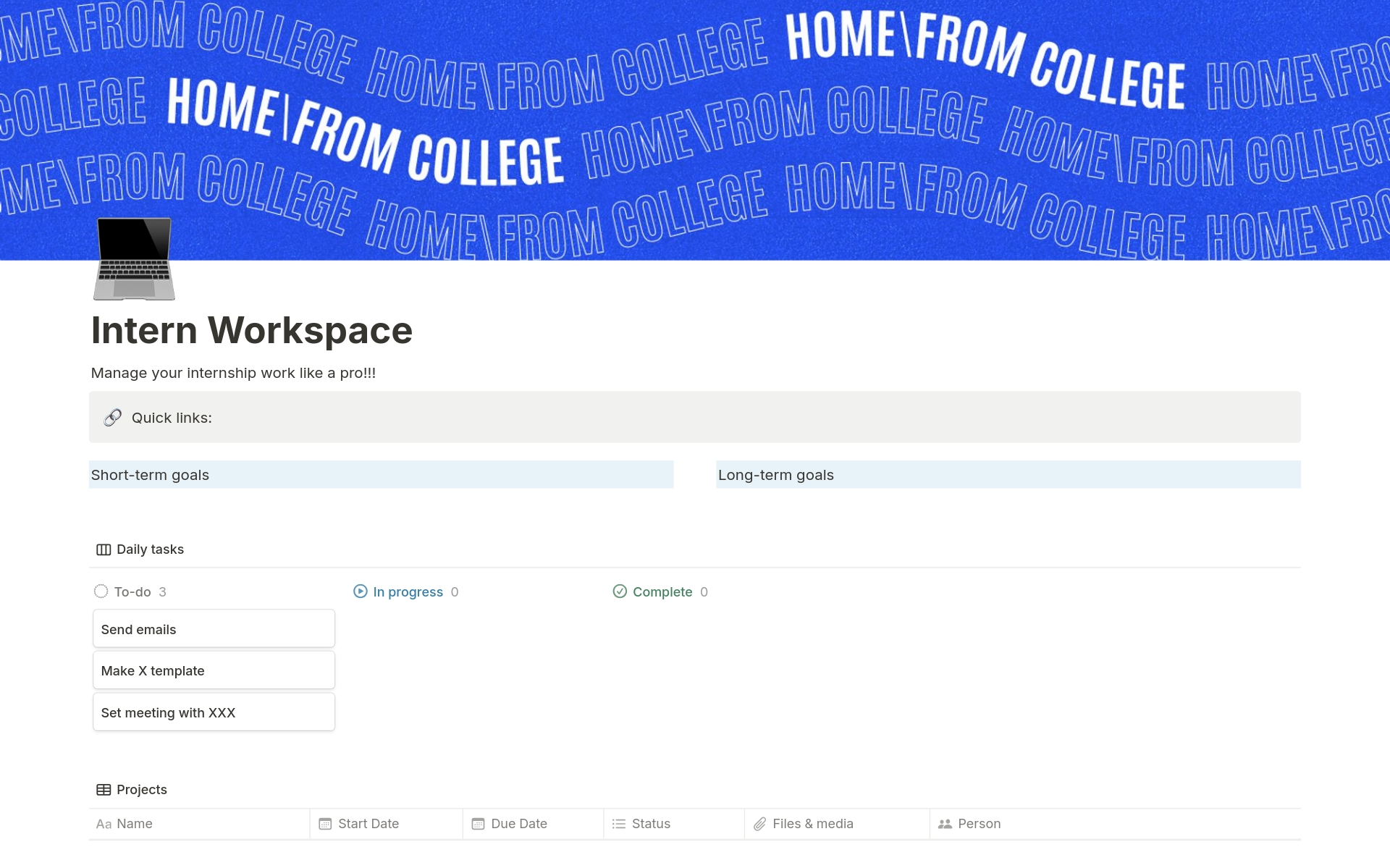 A template preview for Intern Workspace
