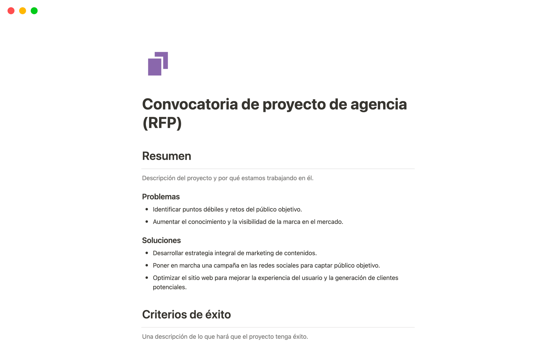 Vista previa de plantilla para Convocatoria de proyecto de agencia (RFP)