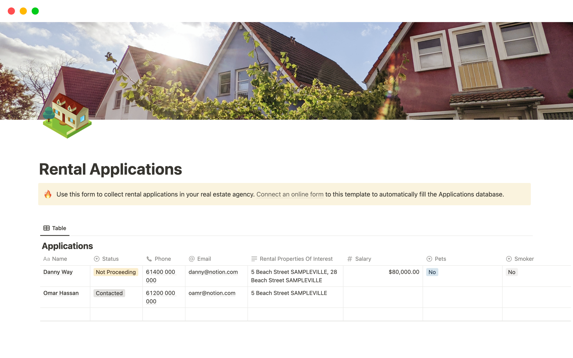 Use this Notion Rental Applications template, connected to an online form, to have real estate rental applications auto-updated in Notion.