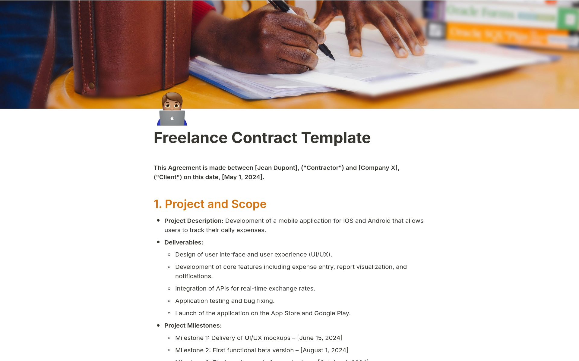 Meticulously crafted Freelance Contract Template, designed specifically for freelance developers working in mobile app creation. 