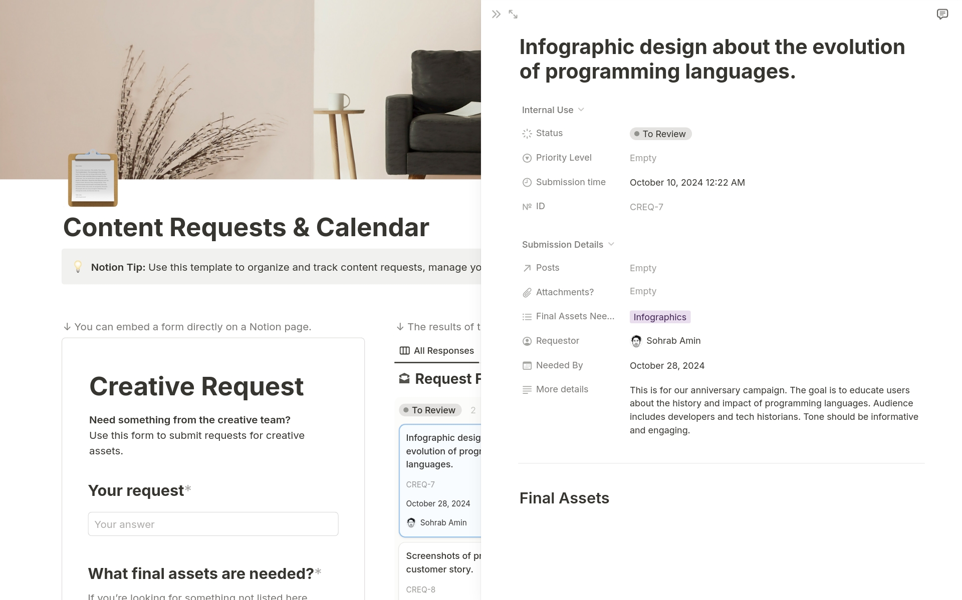 Creative intake to content calendar by Notion Notion Template
