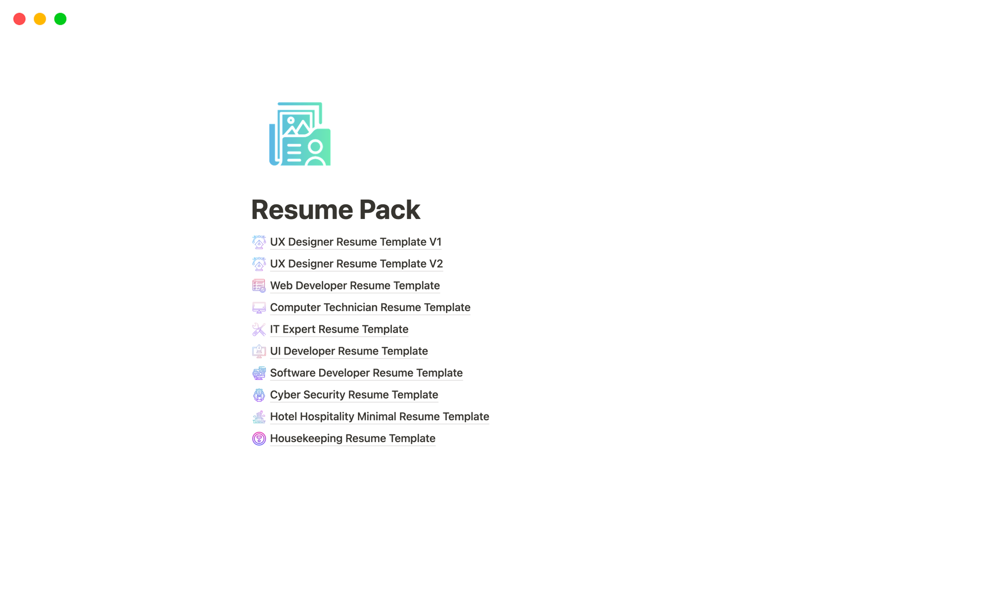 A template preview for Resume Pack