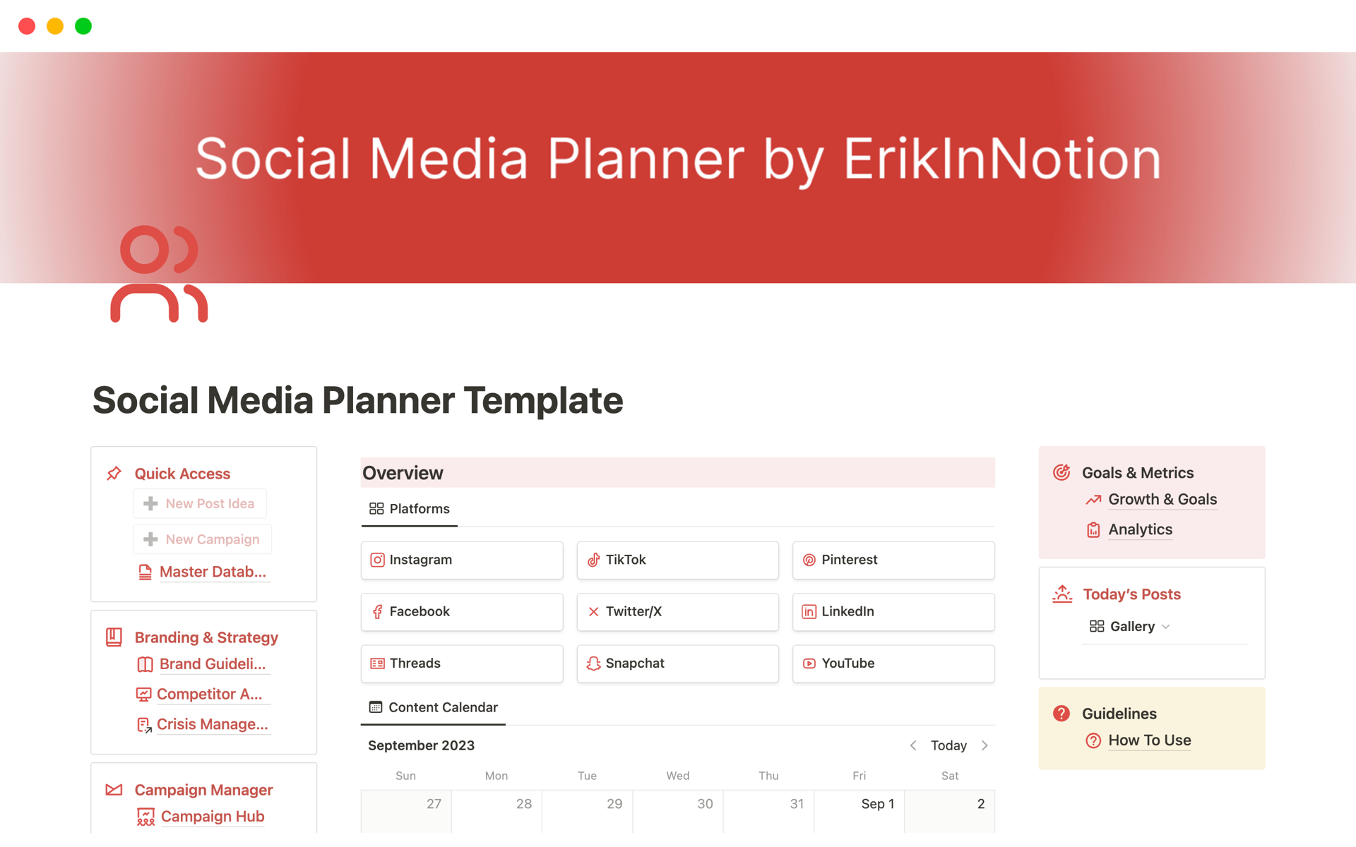 A social media planner with content planning, brand strategy, competitor analysis, campaign and collaboration tracker.