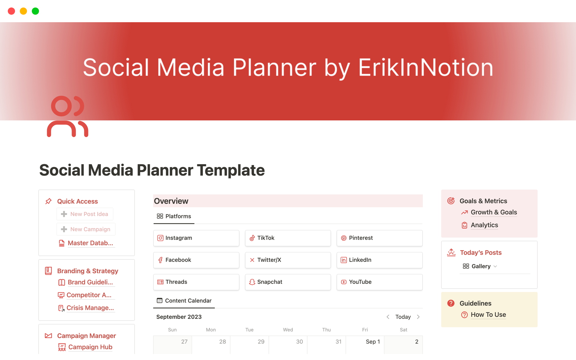 Uma prévia do modelo para Social Media Planner