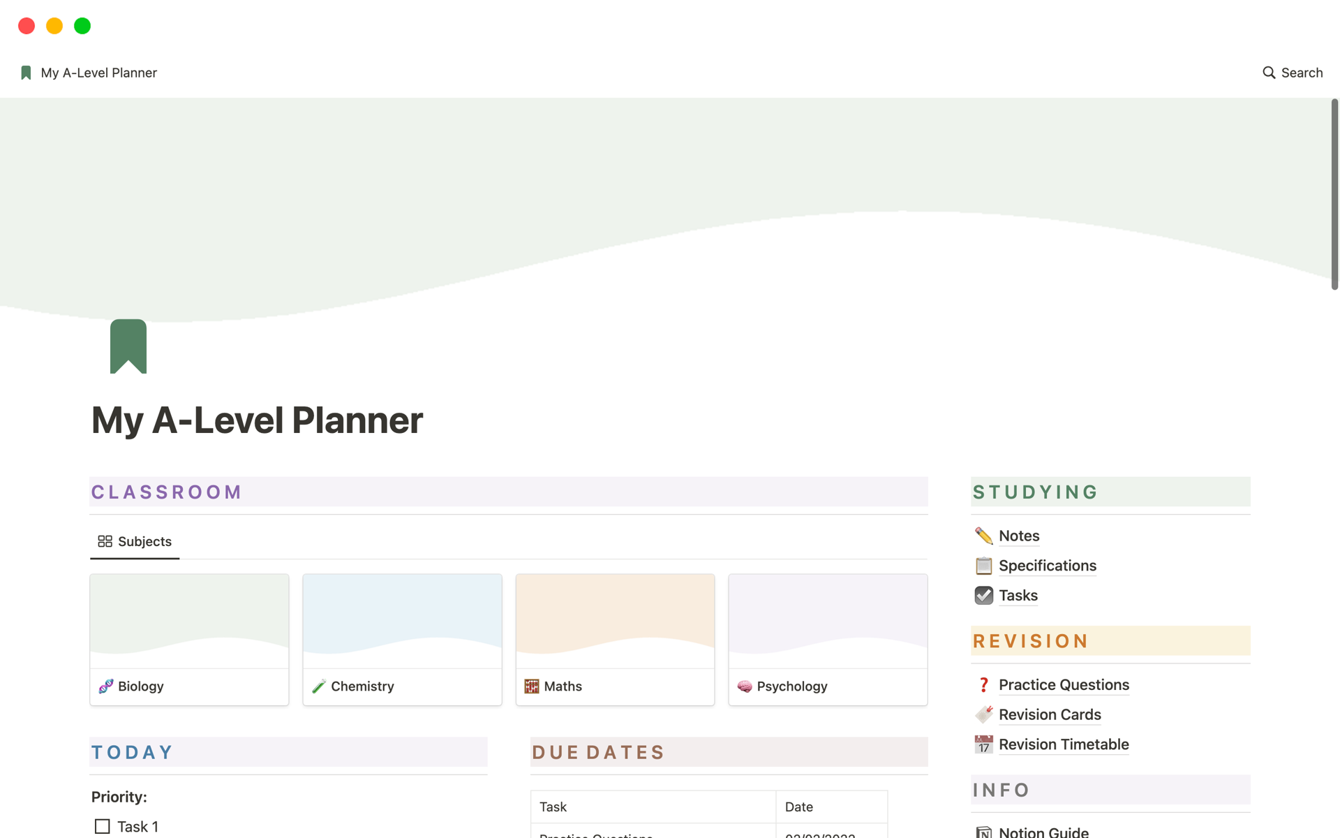 Student planner for A Level and Sixth Form students to organise their subjects.