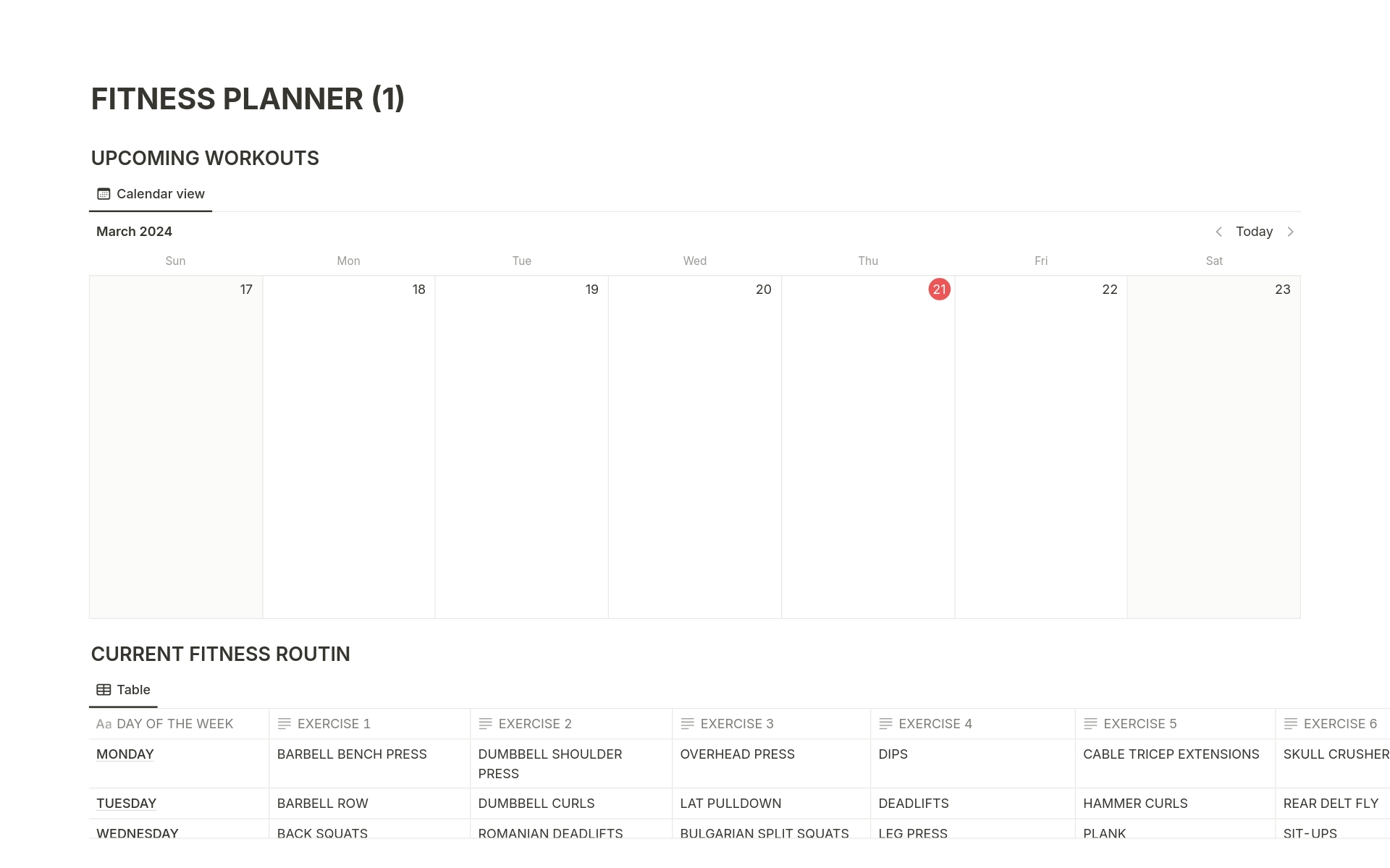 Start your fitness journey with our straightforward and useful Notion fitness planner. This planner contains a current workout routine table, workout tracker, calendar to plan workouts and more!