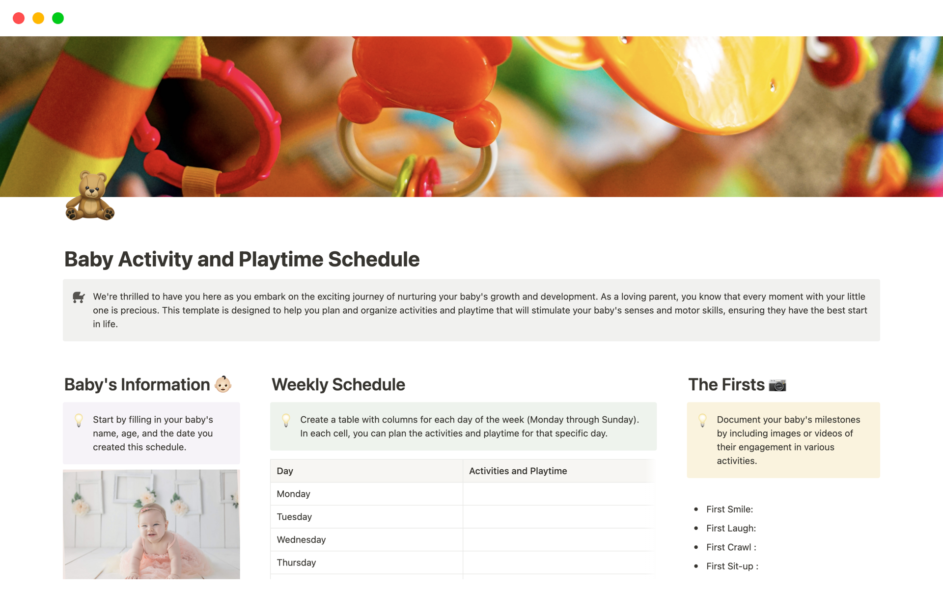 The Baby Activity and Playtime Schedule template is perfect companion for parents and caregivers dedicated to providing the best possible start for their precious little ones.
