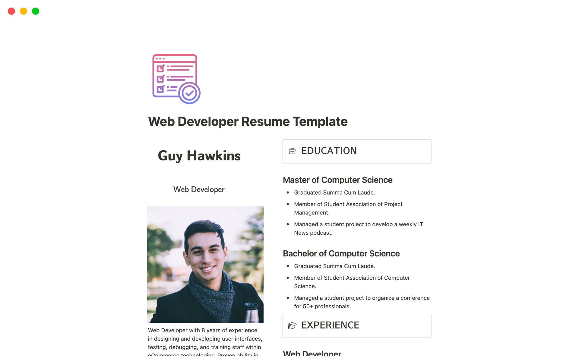 A template preview for Web Developer Resume