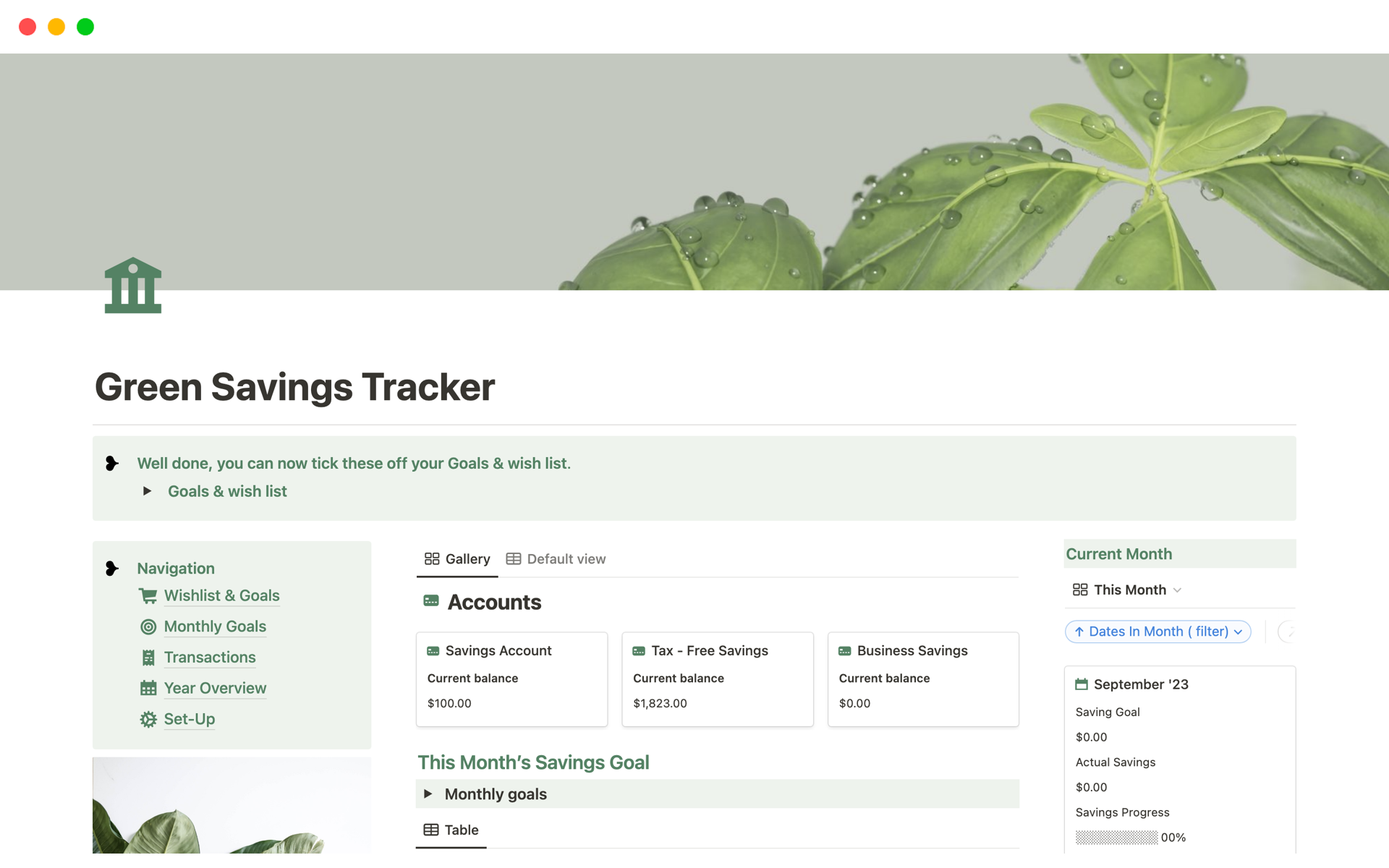 A template preview for Green Savings Tracker