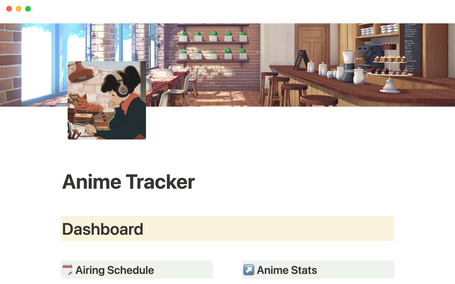 A template preview for Anime tracker