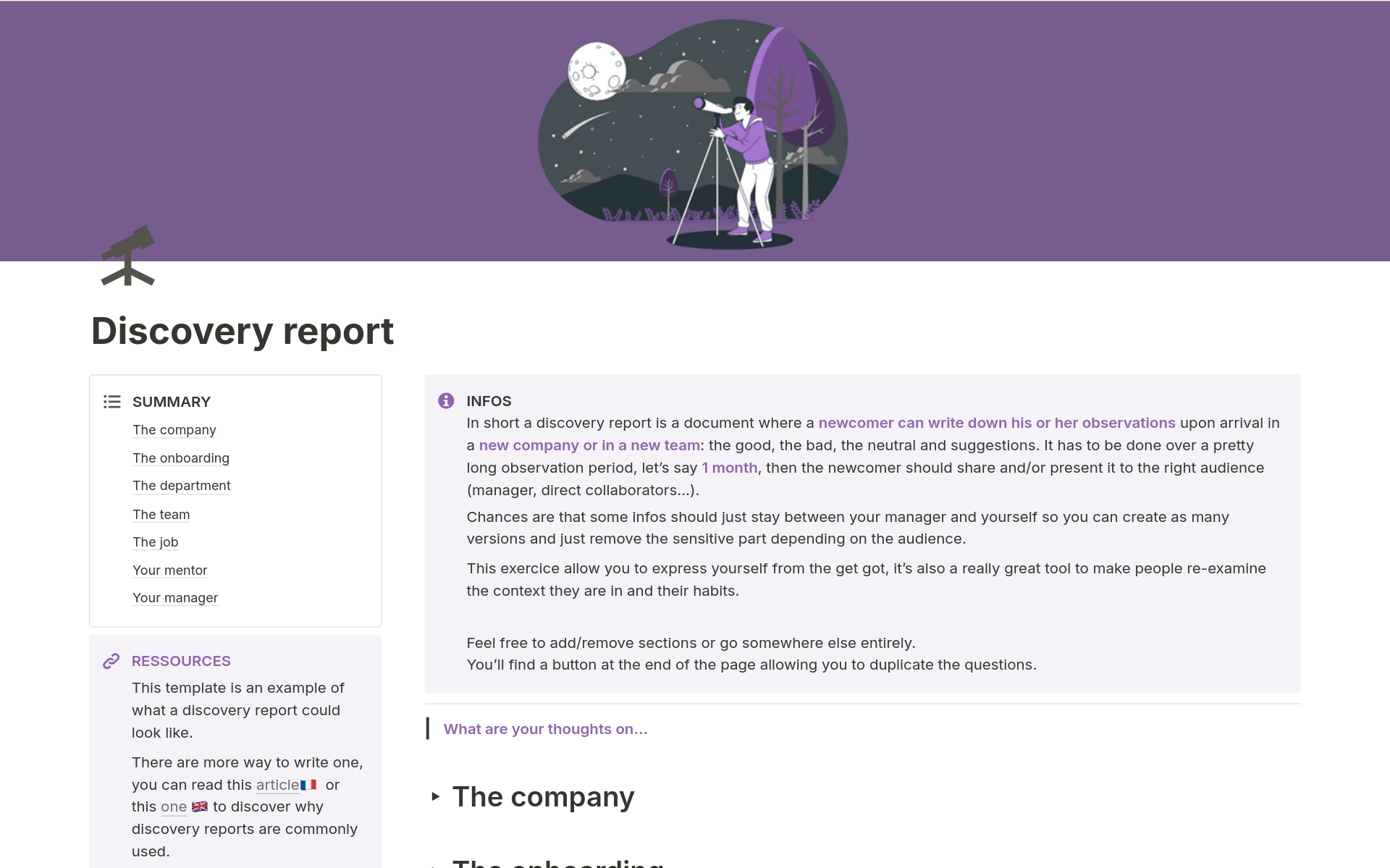 A template preview for Discovery report
